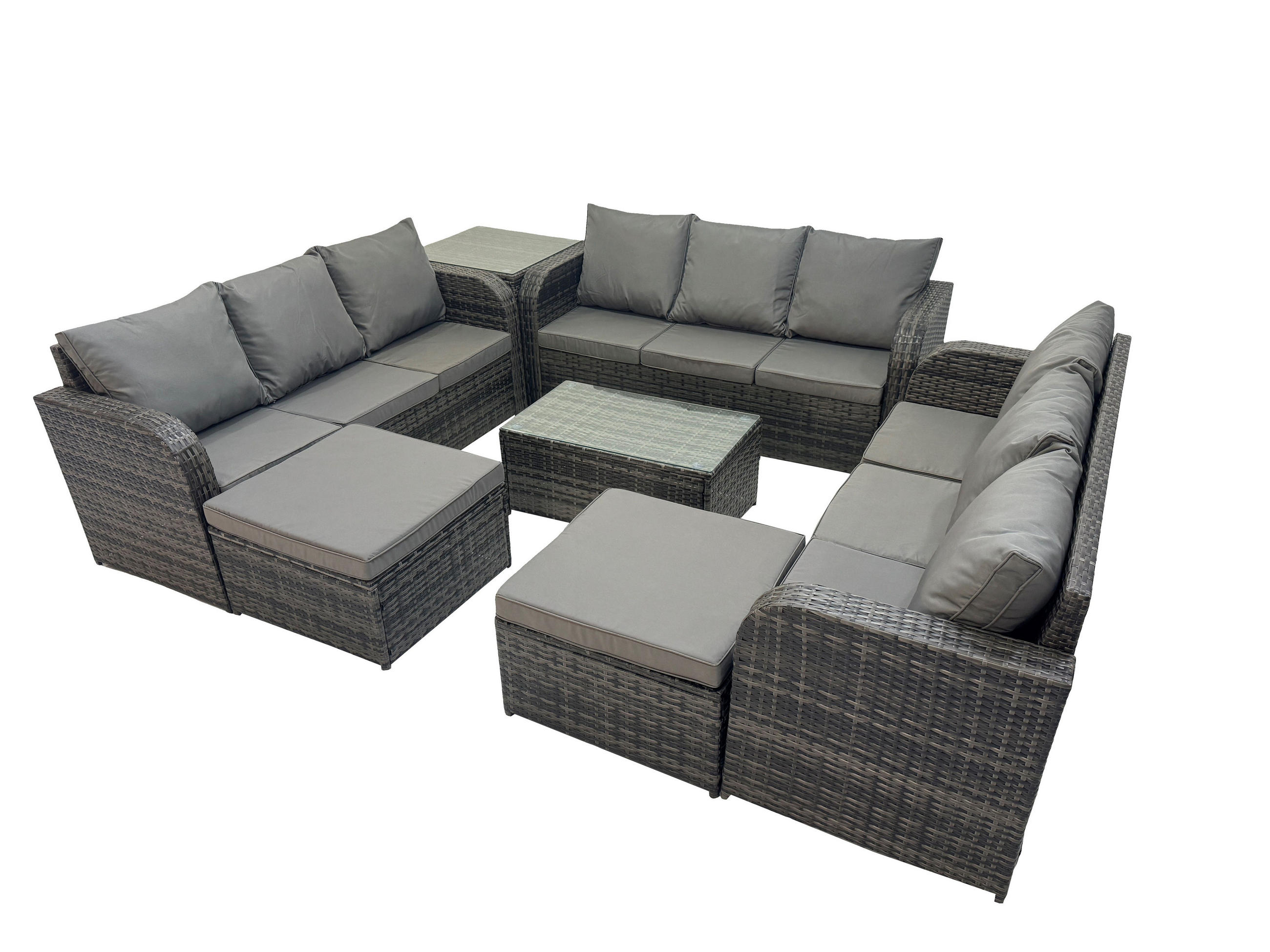 GARTENMÖBELGARNITUR mit KISSEN Polyrattan Dunkelgrau 11-Sitzer - Dunkelgrau/Grau, Glas/Kunststoff - Fimous