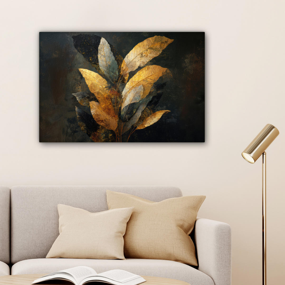 SLIKA NA PLATNU Listje 60x40 cm - zlate barve/črna, tekstil (60/40cm) - MuchoWow