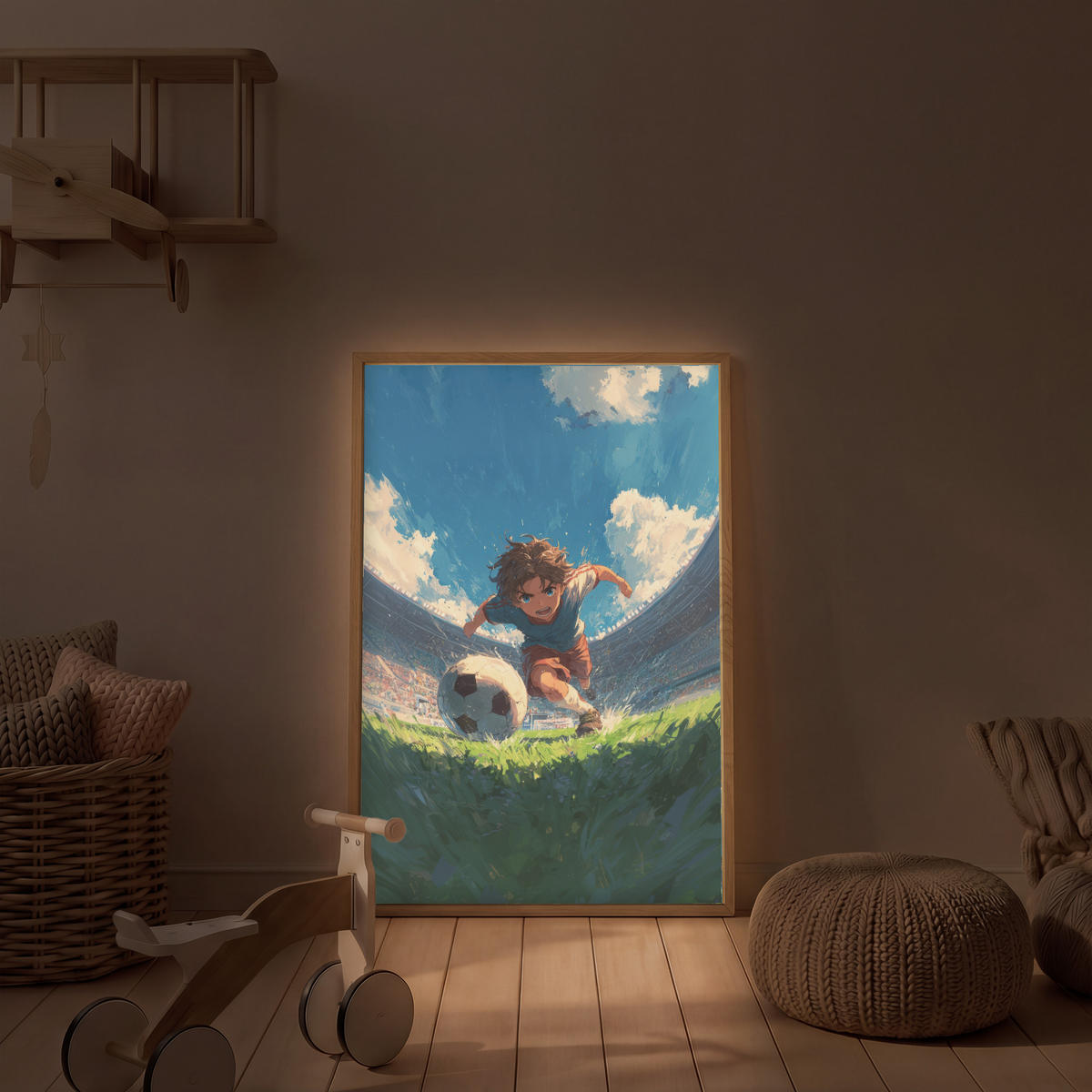 NACHTTISCHLAMPE MIT AKKU Stadion - Fußballer - Ball 70x100 cm - Blau, Holzwerkstoff (8/70/100cm) - OnlyWow