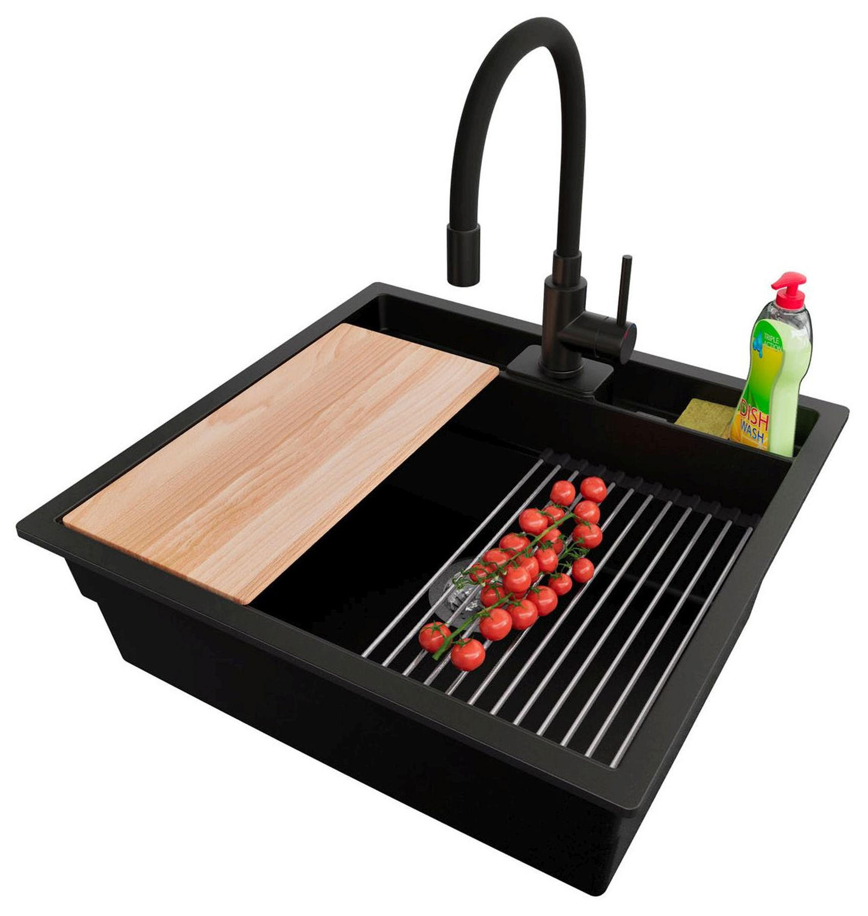 GRANITSPÜLE Bergen Pocket, 2-er set Schwarz 56/54 cm 1 Becken + Küchenarmatur 40/38 cm + Ablauf-Set + Küchenzubehörset ab 60er Unterschrank - Chromfarben/Beige, Kunststoff (56/20/54cm) - Primagran