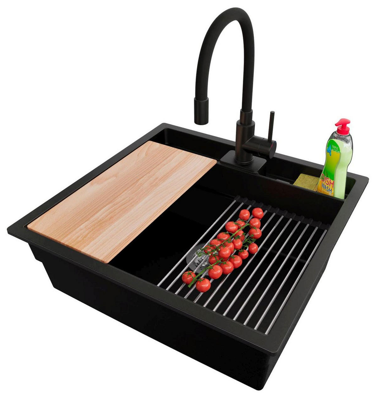 GRANITSPÜLE Bergen Pocket, 2-er set Schwarz 56/54 cm 1 Becken + Küchenarmatur 40/38 cm + Ablauf-Set + Küchenzubehörset ab 60er Unterschrank - Chromfarben/Beige, Kunststoff (56/20/54cm) - Primagran