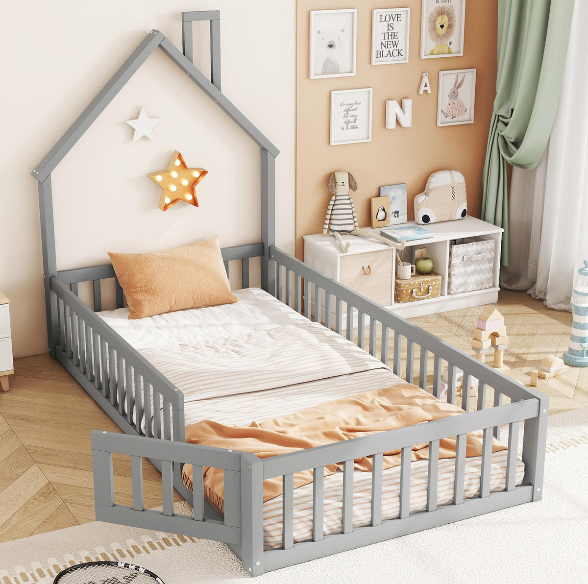 KINDEREINZELBETTEN aus Kiefernholz und MDF 90x200 cm in Grau mit Lattenrost - Grau, Holzwerkstoff (90/200cm) - Modfu