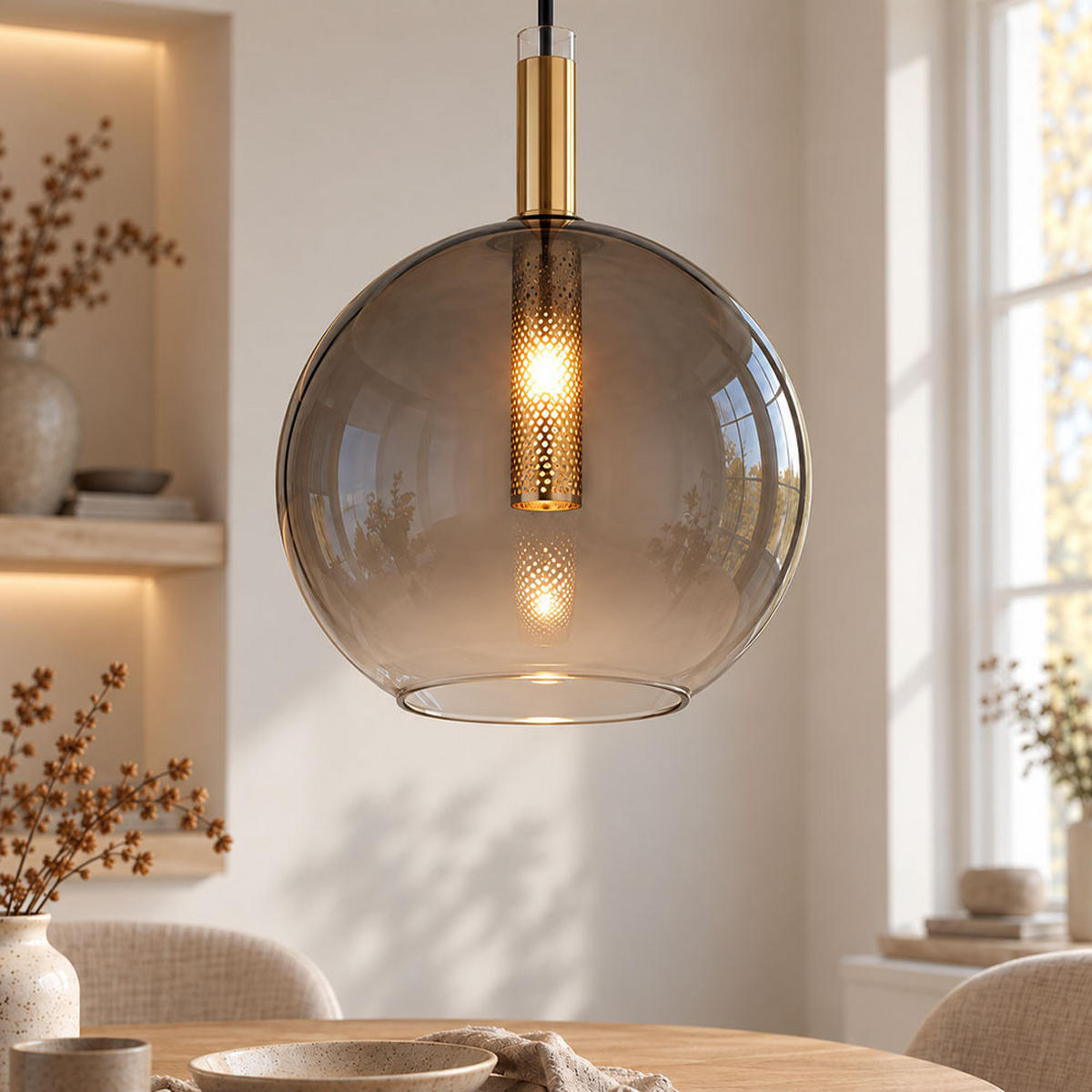 HÄNGELEUCHTE, Rauchglas, Schwarz, höhenverstellbar - Schwarz, Glas (18/18/120cm) - Globo Lighting
