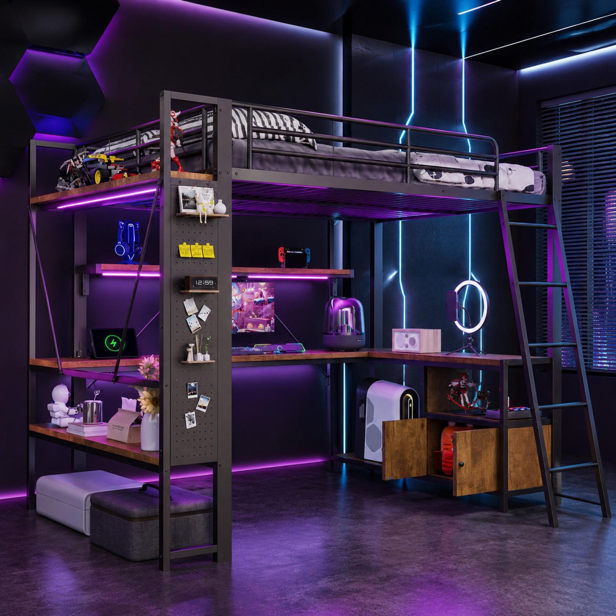 HOCHBETT 140/200 mit LED, Schreibtisch und USB-Anschluss in Schwarz - Schwarz, Holzwerkstoff/Metall (140/200cm) - EVRYAE
