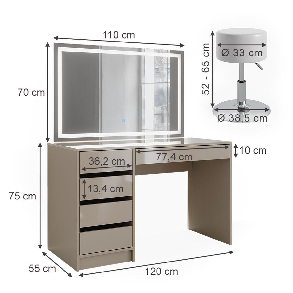 SCHMINKTISCH Sherry Greige 120 cm mit LED-Spiegel und Hocker - Greige, Holzwerkstoff (120/75/55cm) - Vicco