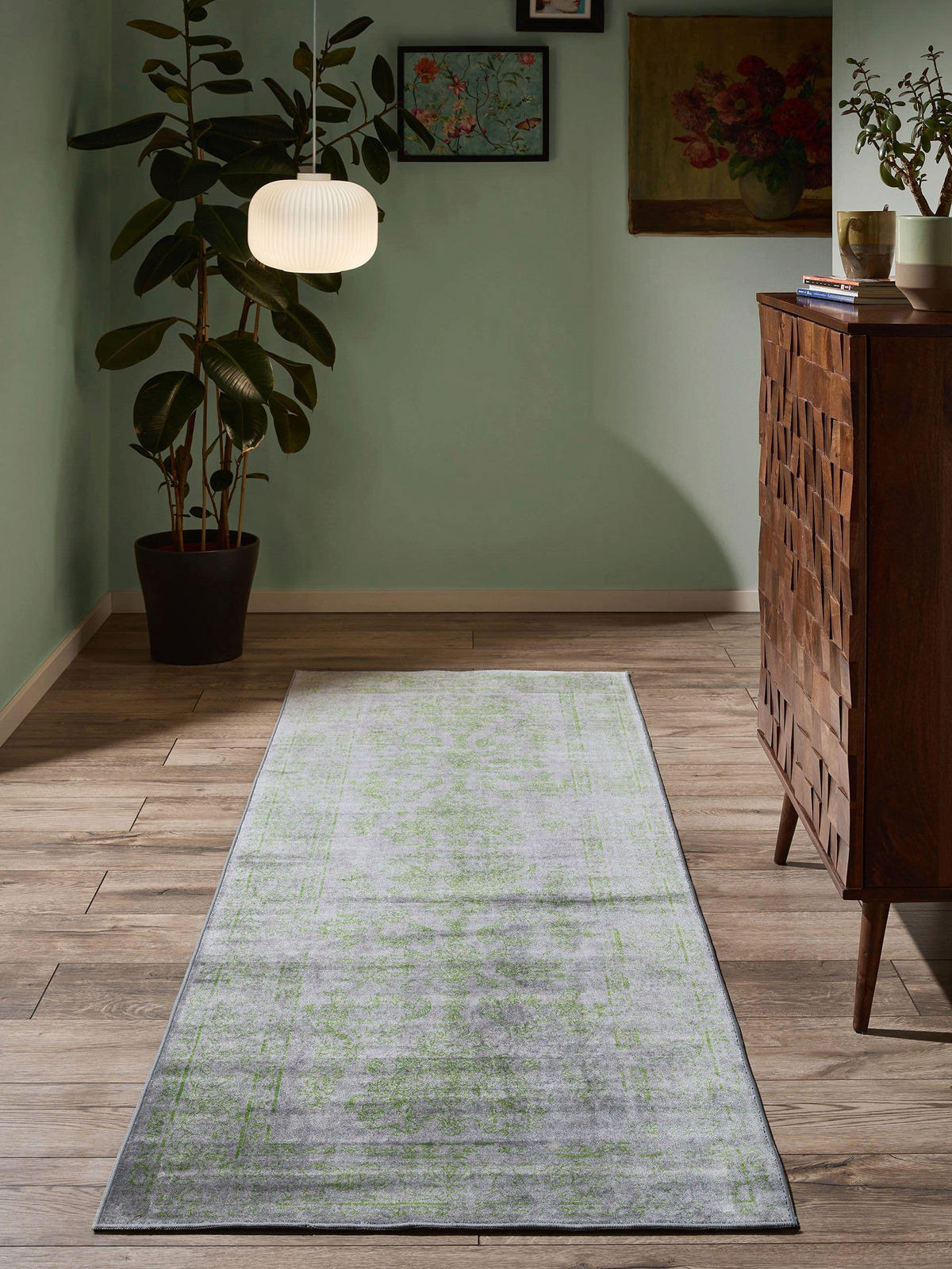 VINTAGE-LÄUFER Miray waschbar 80/240 cm - Grau/Grün, Kunststoff (80/240cm) - benuta Nest