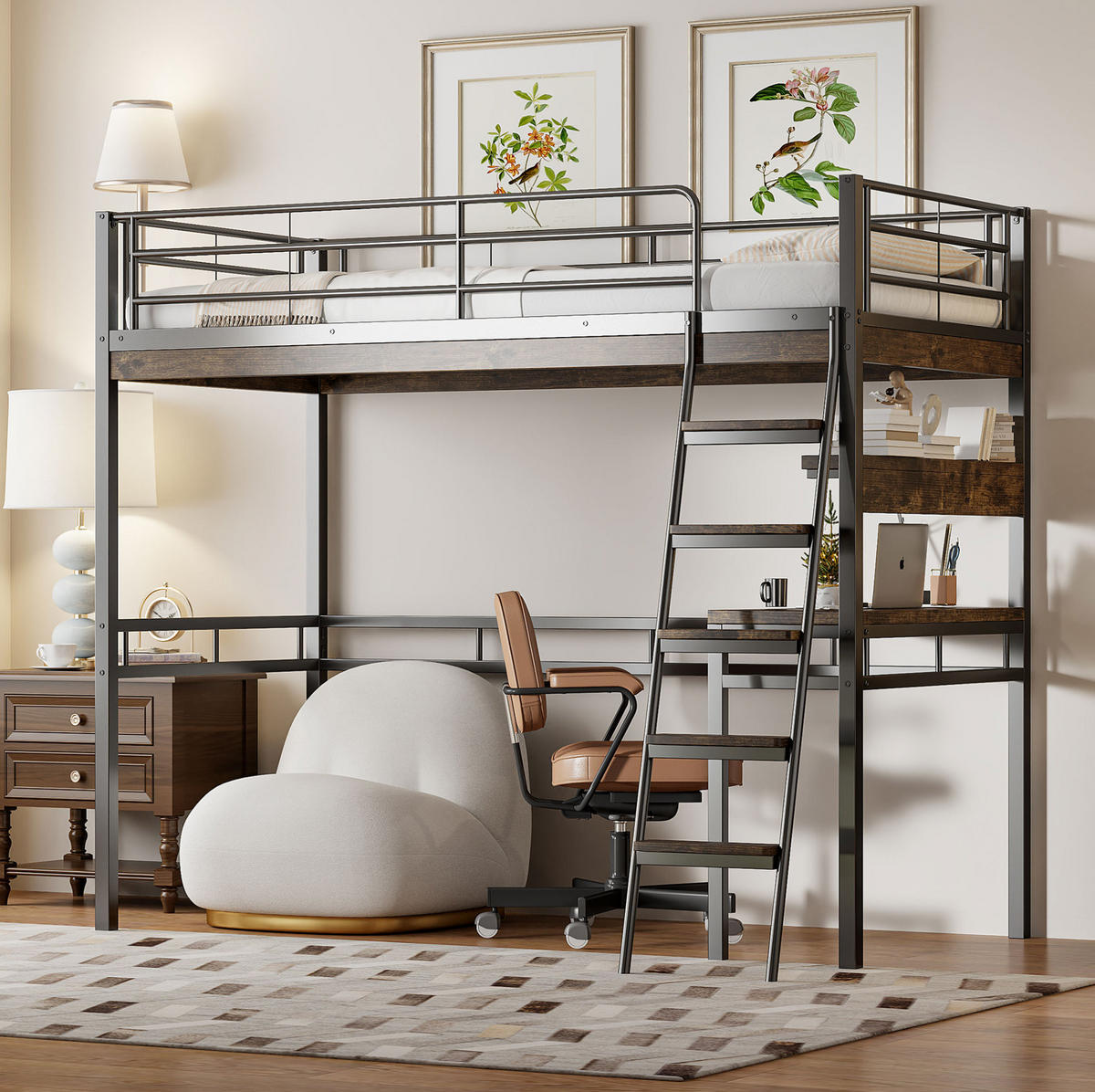 HOCHBETT 90/200 cm aus Metall mit Schreibtisch und Regalen in Schwarz - Schwarz, Metall (90/200cm) - Flora Grace