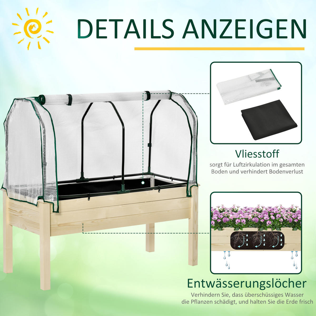 HOCHBEET Frühbeet mit Gewächshaus, Blumenkasten für Garten, Balkon, Tannenholz, Natur - Fichtefarben, Holz/Kunststoff (55/117/121cm) - Outsunny