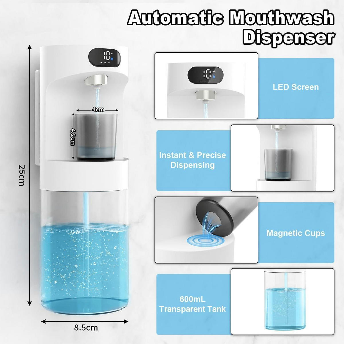 MUNDWASSER Spender automatisch berührungslos 600ml mit 2 Magnetbechern Weiß - Weiß, Kunststoff (4/25/8.5cm)
