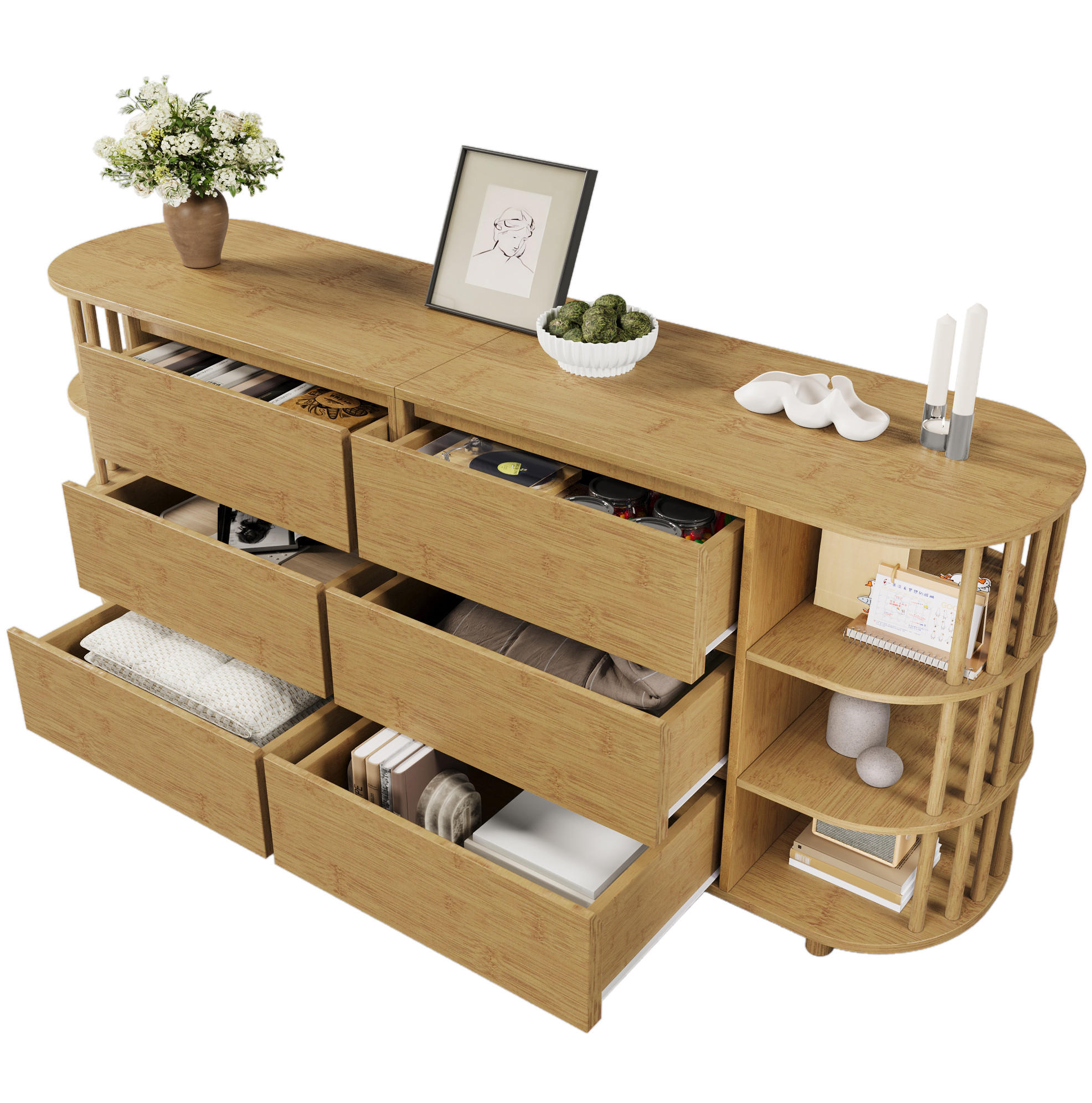 OKWISH KOMODA 160/40/75 cm dubová z MDF a bambusu s 6 zásuvkami, otevřenými policemi a nastavitelnými nohami