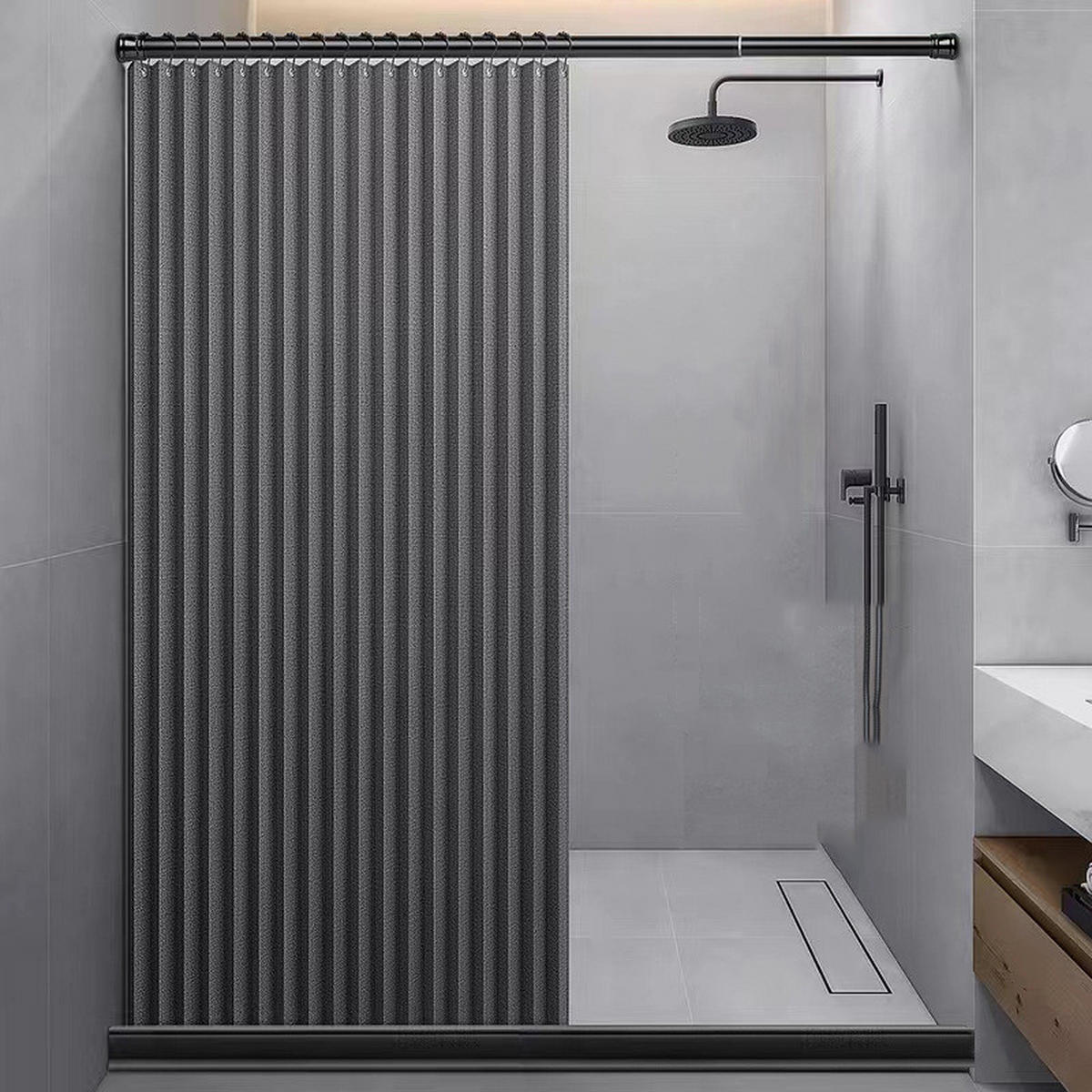 DUSCHVORHANG Grau Leinen faltbar 200 x 200 cm ohne Bohren Badezimmer - Grau, Textil (200/200cm) - MCBOSON