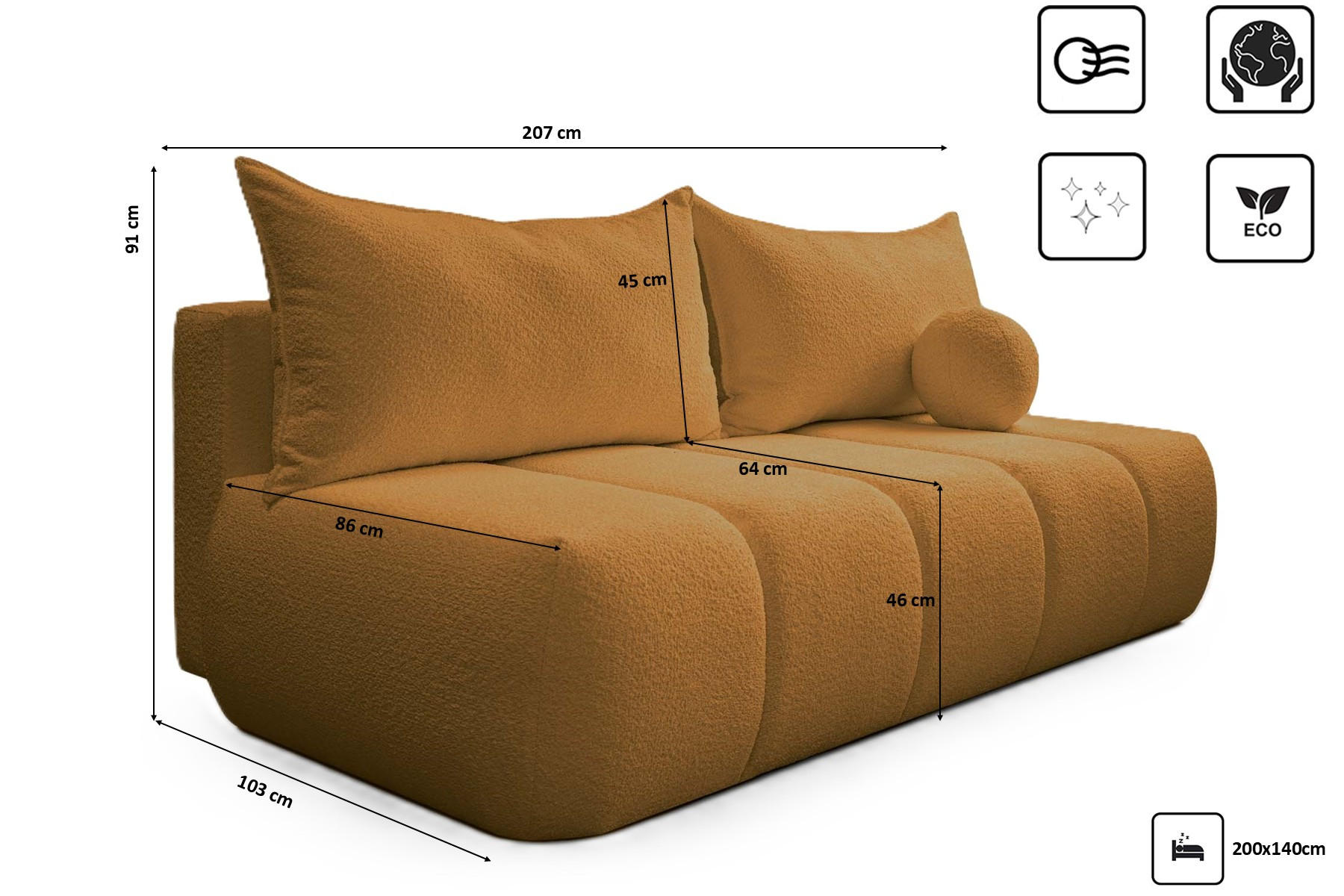 Thumbnail - Kaiser Möbel Schlafsofa, Gelb, Holz, Rechteckig, 207x91x103 cm, Wohnzimmer, Sofas & Couches, Schlafsofas