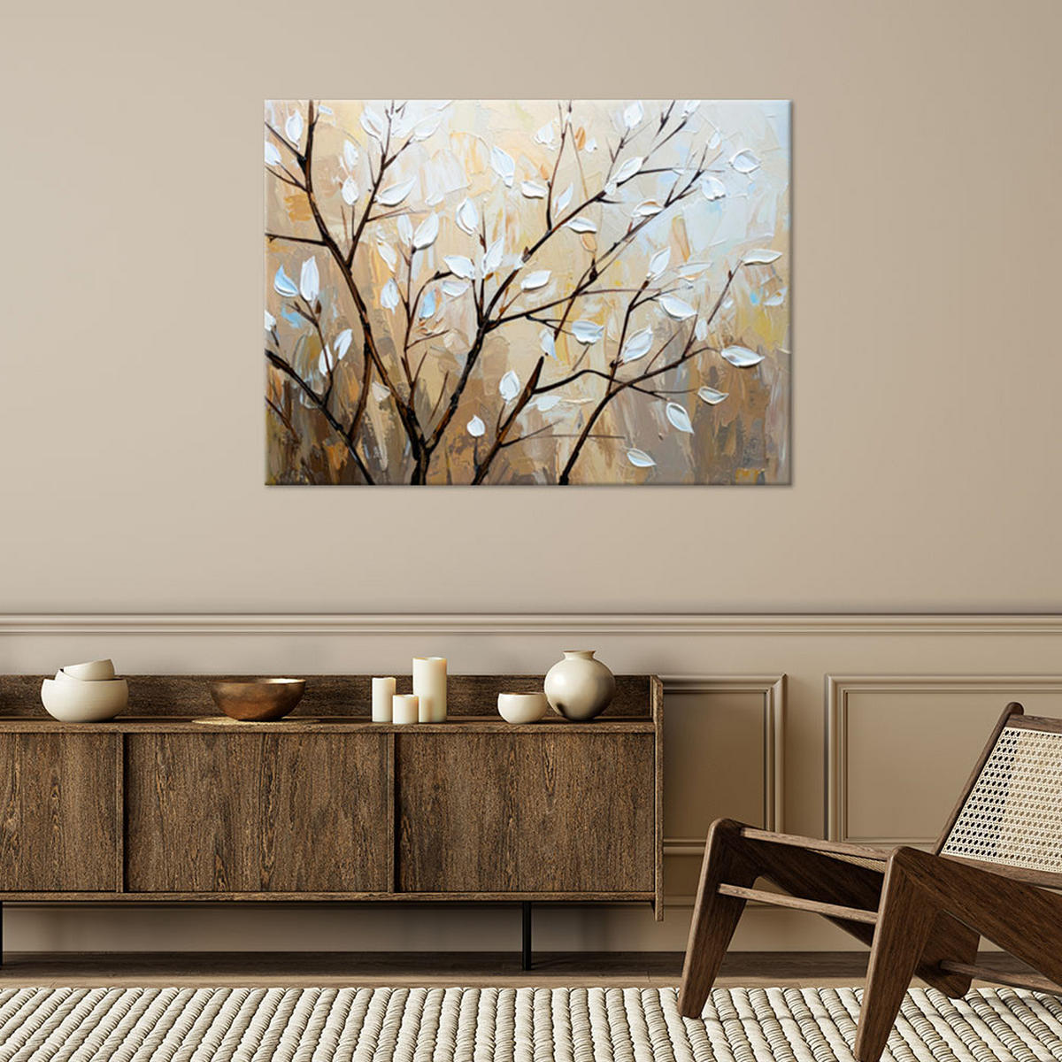 LEINWANDBILD Blätter Zweige in Beige 120x80cm - Beige, Textil (120/80cm) - Feeby