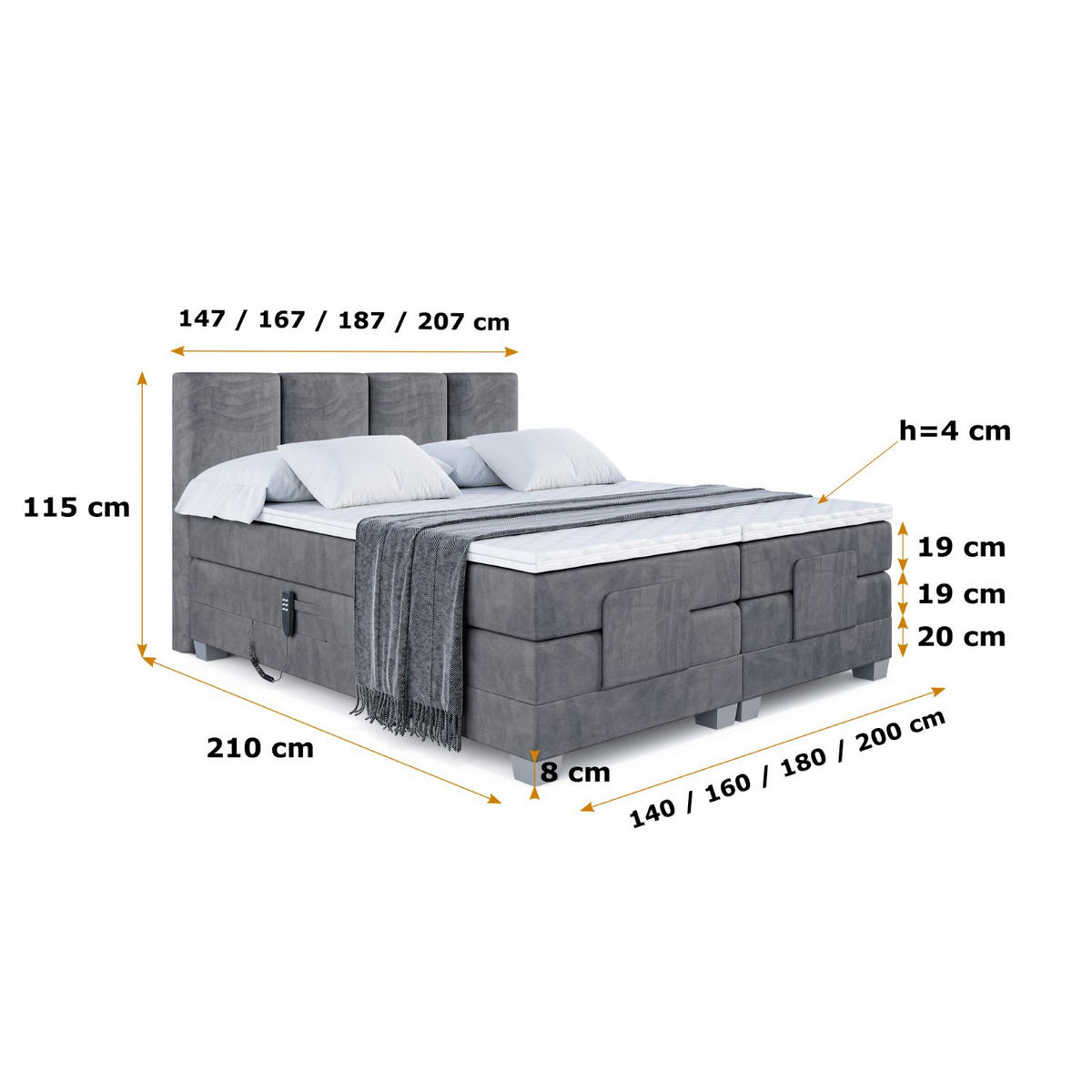 BOXSPRINGBETT elektrisch verstellbar mit 2 Matratzen H4/Taschenfederung ROKS EL 200 x 200 Dunkelgrau - Dunkelgrau, Holzwerkstoff (207/200cm) - ALTDECOR