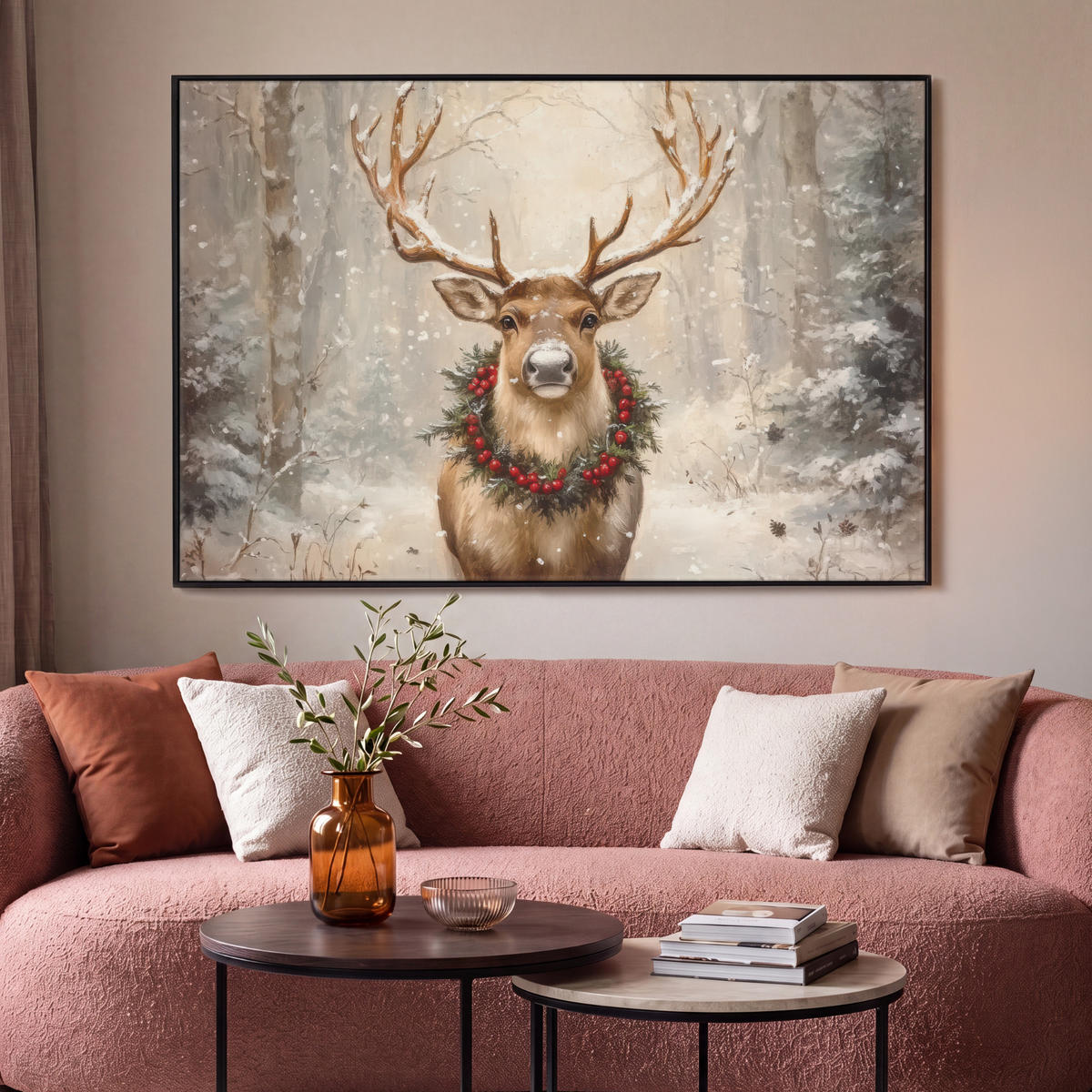 LEINWAND Bilder mit Rahmen - Weihnachten - Rentier - Winter - Kranz - 140x90 - Naturfarben, Textil (140/90cm) - MuchoWow