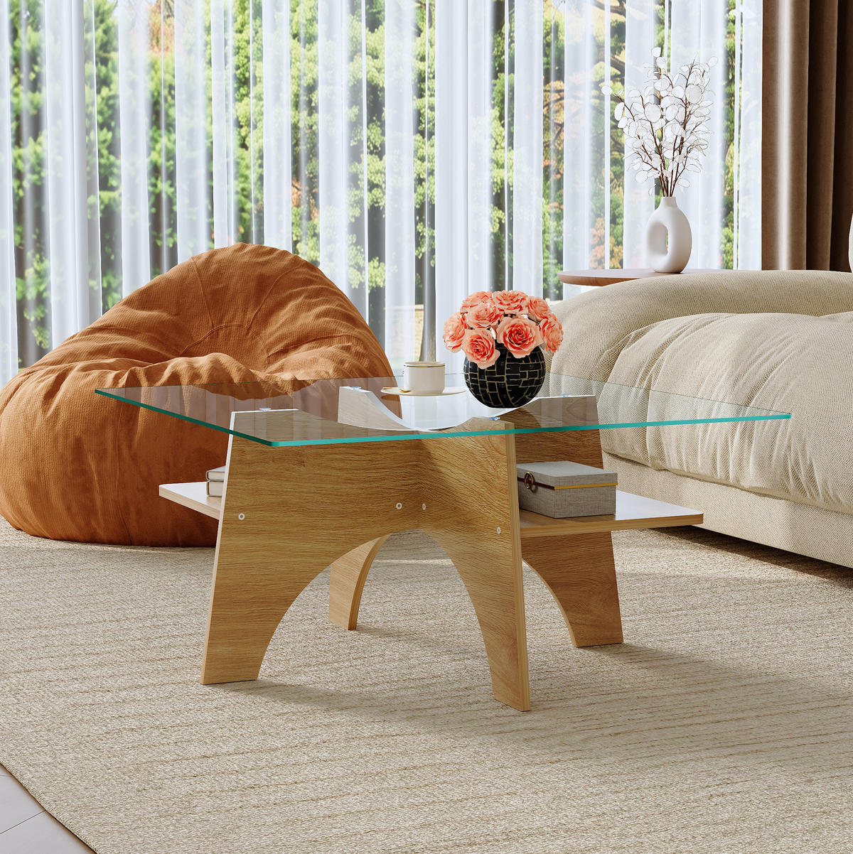 ODKLÁDACÍ stolek 80/80/40 cm transparentní v barvě dřeva z MDF a skla s úložným prostorem - průhledná, sklo (80/80/40cm) - OKWISH