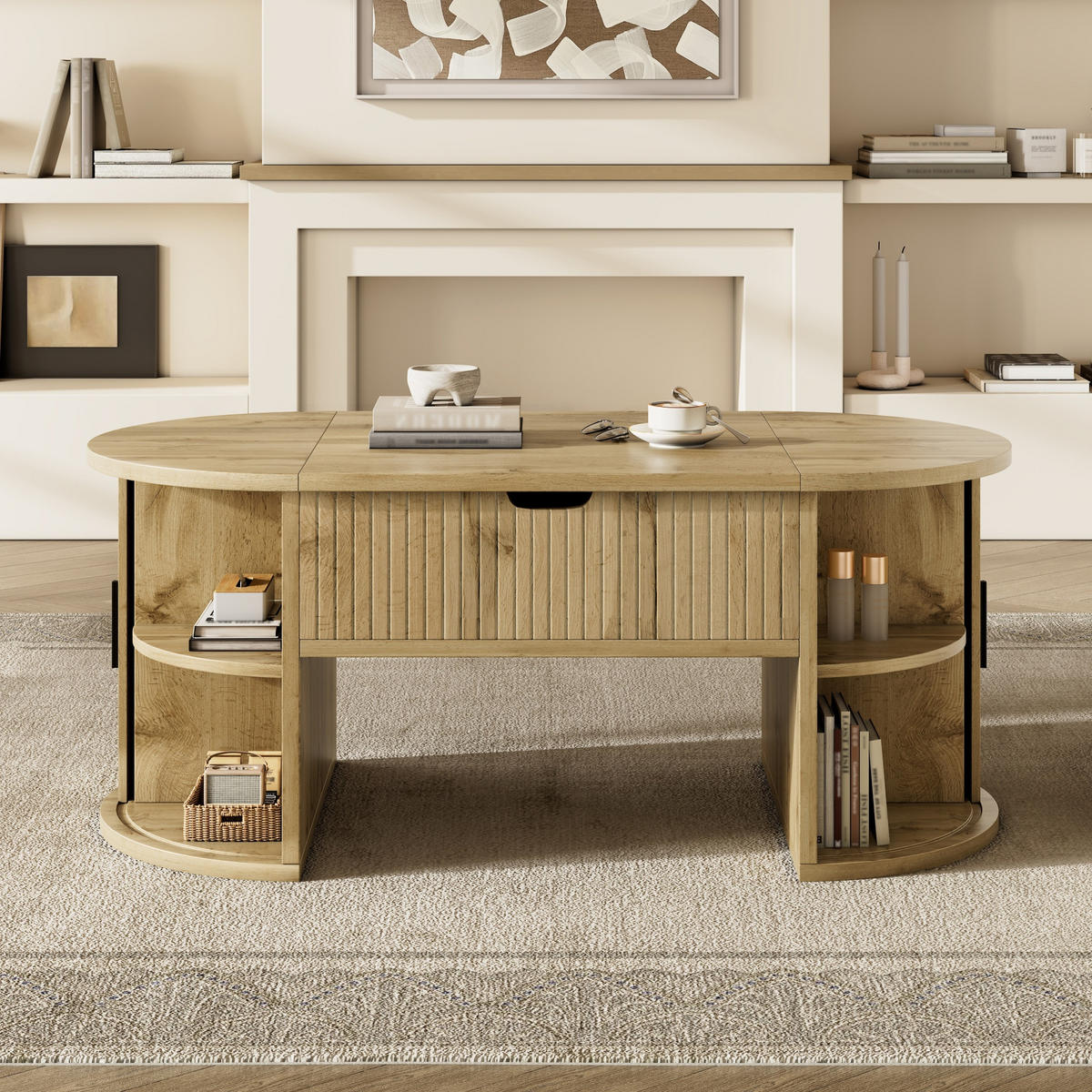 COUCHTISCH höhenverstellbar Stauraum Schiebetüren - Eichefarben, Holz (50/100/40.5cm) - LEBENLANG