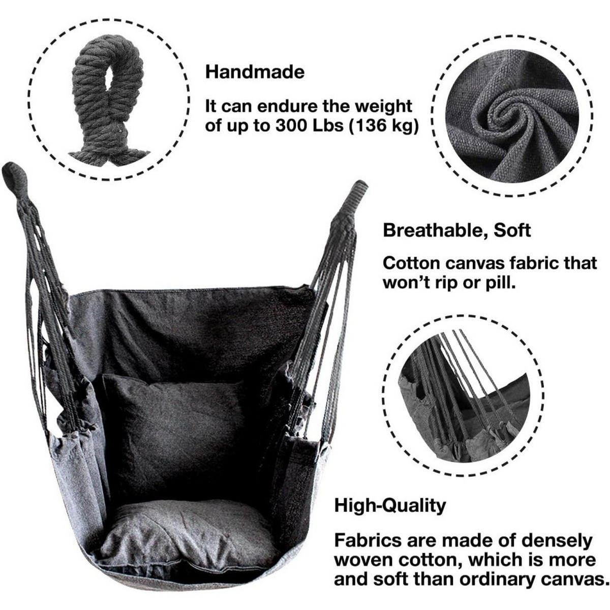HÄNGEMATTE Hängesessel, Mit Tasche, 136 kg, Dunkelgrau - Grau, Textil (130/5/100cm) - Authentics