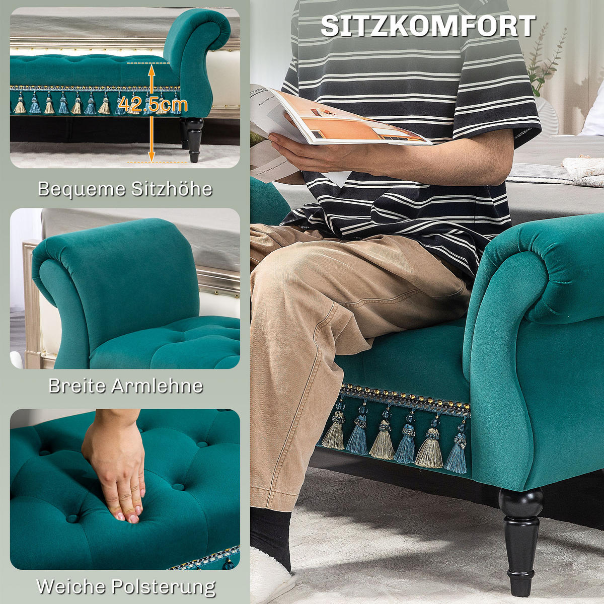LUXUS Sitzbank Polsterbank Hockerbank Kautschuk Polyester Grau - Grün, Holz (40/58/117cm) - HOMCOM