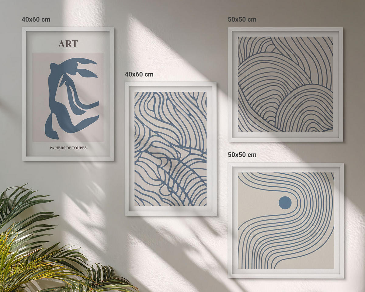 WANDBILDER 4er-Set - 50x50 cm & 40x60 cm Weißer Rahmen - Abstrakte blaue Linien - Weiß, Kunststoff (50/50cm) - ArtPrintCave