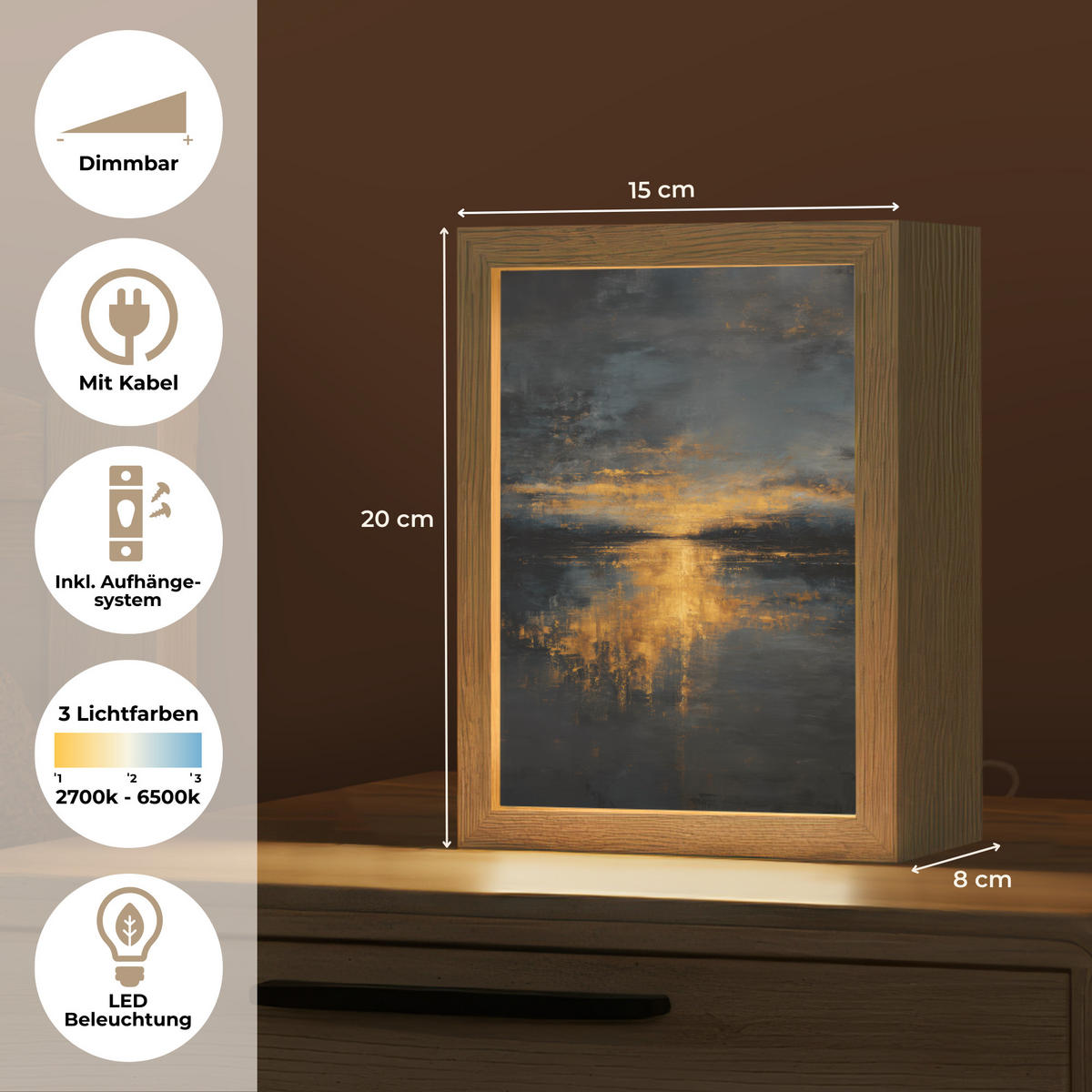 TISCHLEUCHTE Goldene Reflexion auf dem Wasser 15x20 cm - Beere, Holzwerkstoff (8/15/20cm) - OnlyWow