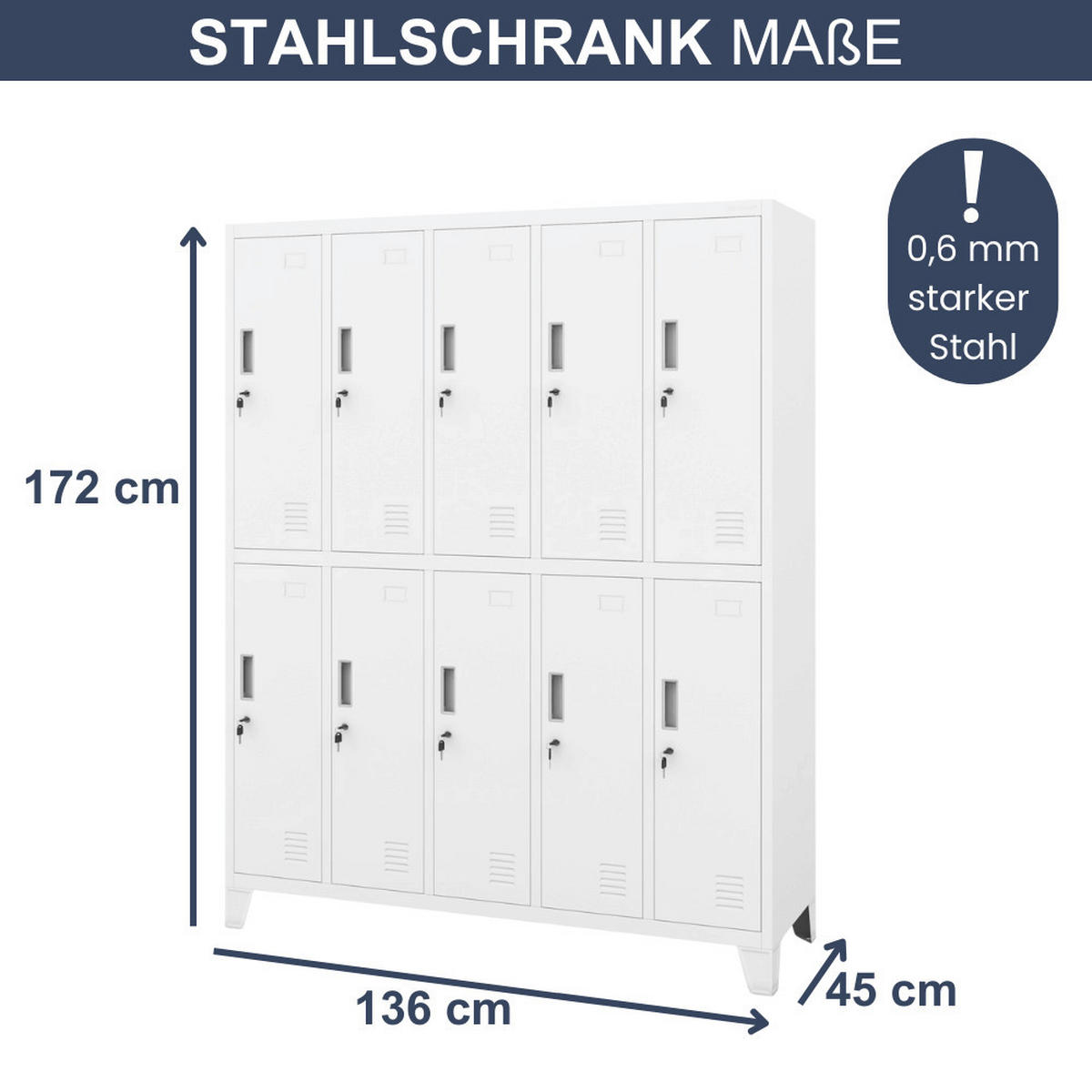 UMKLEIDESCHRANK Spind BERLIN 10 Abteile 172x136x45cm Weiß - Weiß, Metall (136/172/45cm) - DELUKE