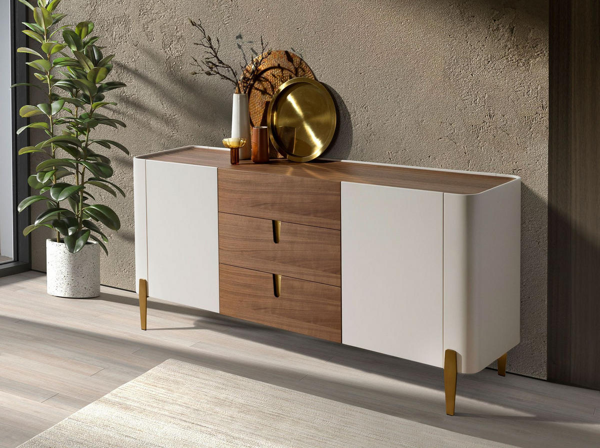 SIDEBOARD Sideboard Nussbaum, beige, vergoldeter polierter Stahl und Nussbaumplatte 180/47/80 cm - Beige, Holzwerkstoff/Metall (180/80/47cm) - ANGEL CERDA