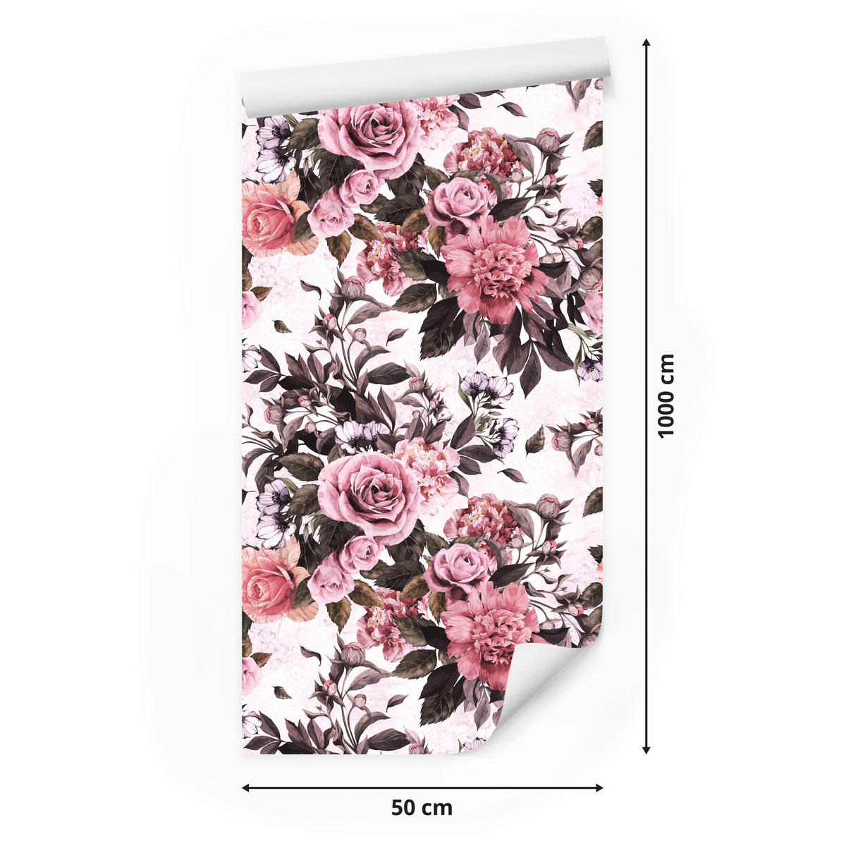 VLIESTAPETE Vintage-Rosen und Pfingstrosen – Rosa, Schwarz, Weiß – 50x1000 cm - Schwarz/Rosa, Papier (50/1000cm) - Muralo