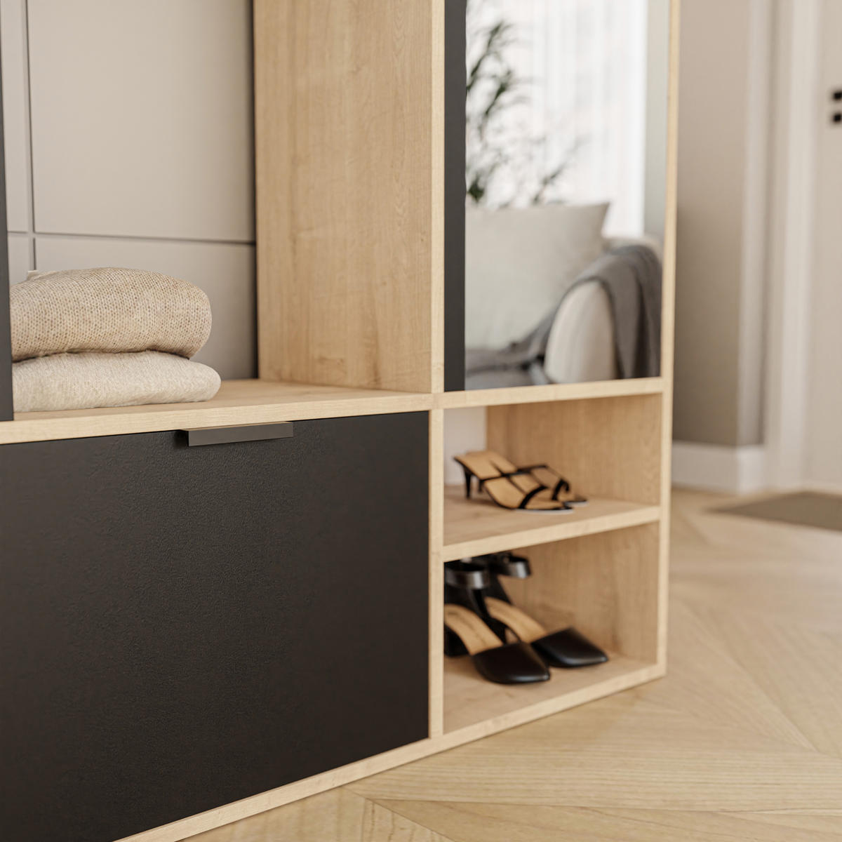 GARDEROBENSCHRANK mit Spiegel-mit Ablagen und Kleiderstange - Schwarz/Braun, Holzwerkstoff (100/190/33cm) - Idohome