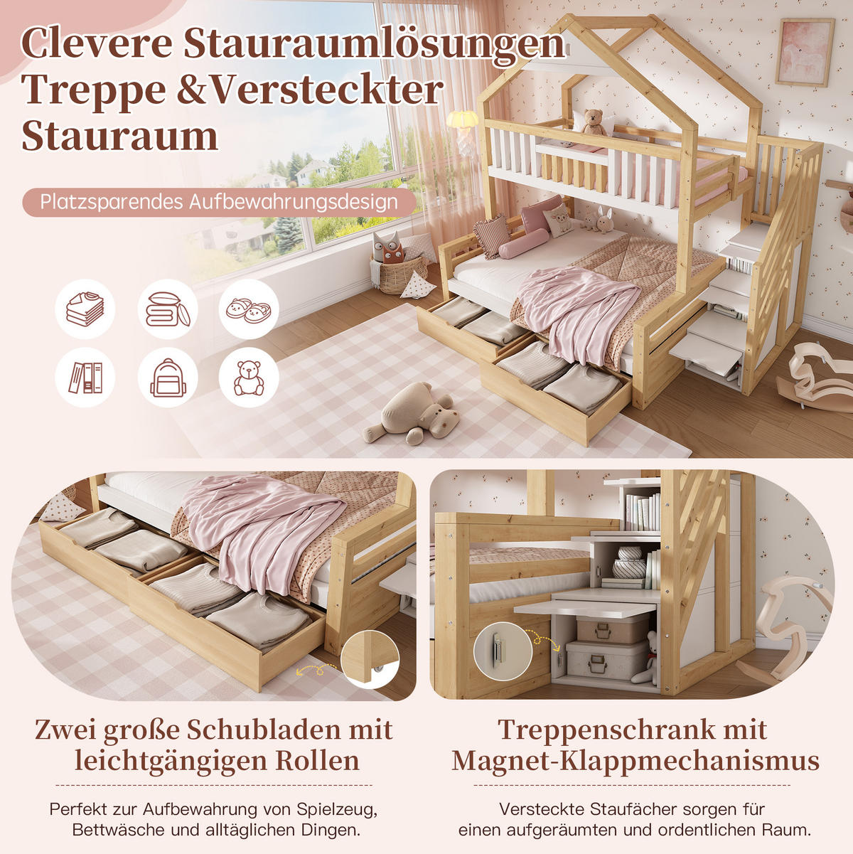 ETAGENBETT 90x200 & 140x200 cm in Weiß/Eiche mit Stauraumtreppe und Schubladen - Weiß, Holz (140/200cm) - IVMEU