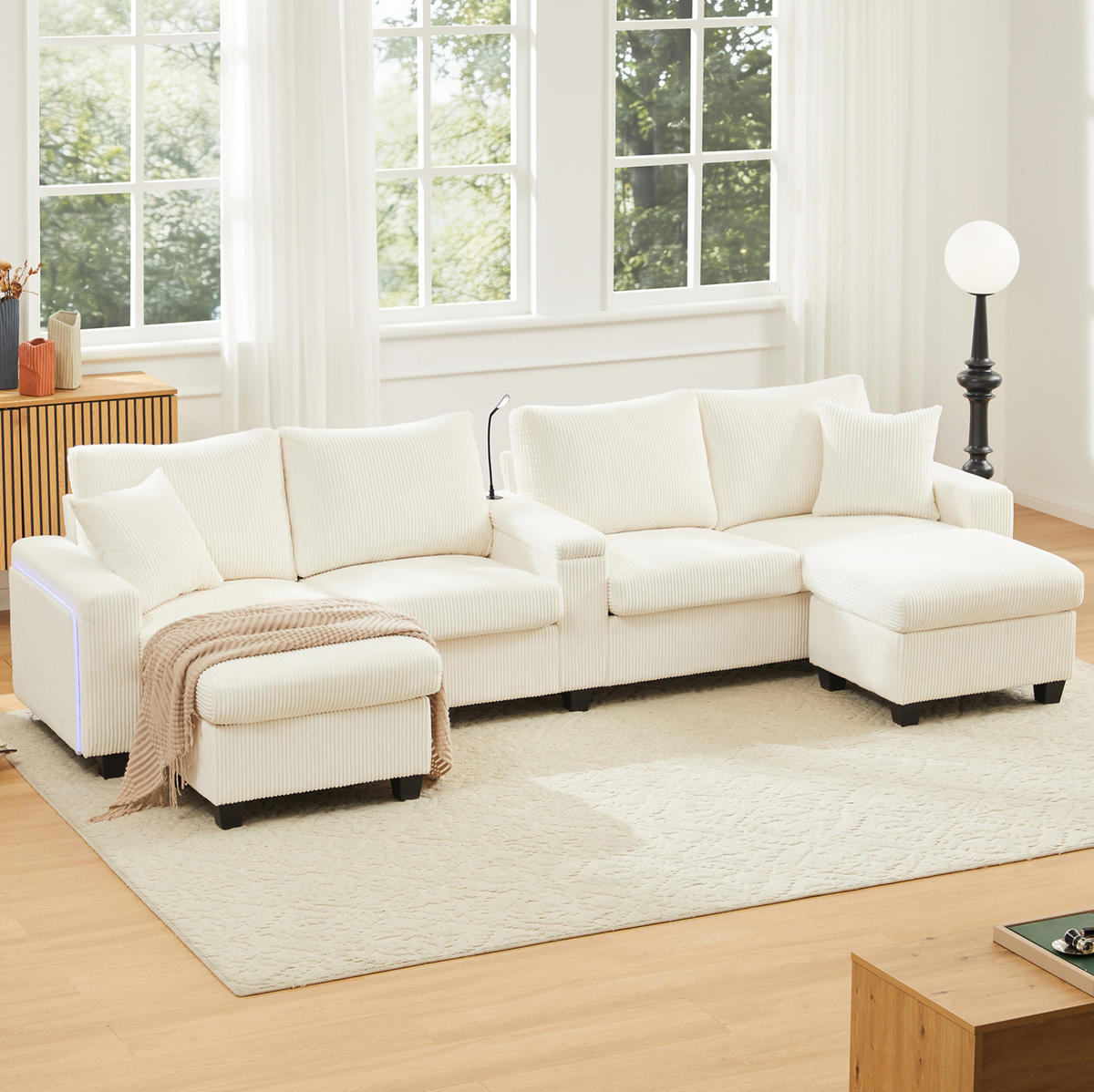 SOFA U-Form mit 2 Hockern 334 x 128,5 x 81 cm Cord Beige - Beige, Kunststoff (128.5/81/334cm) - Meubliv