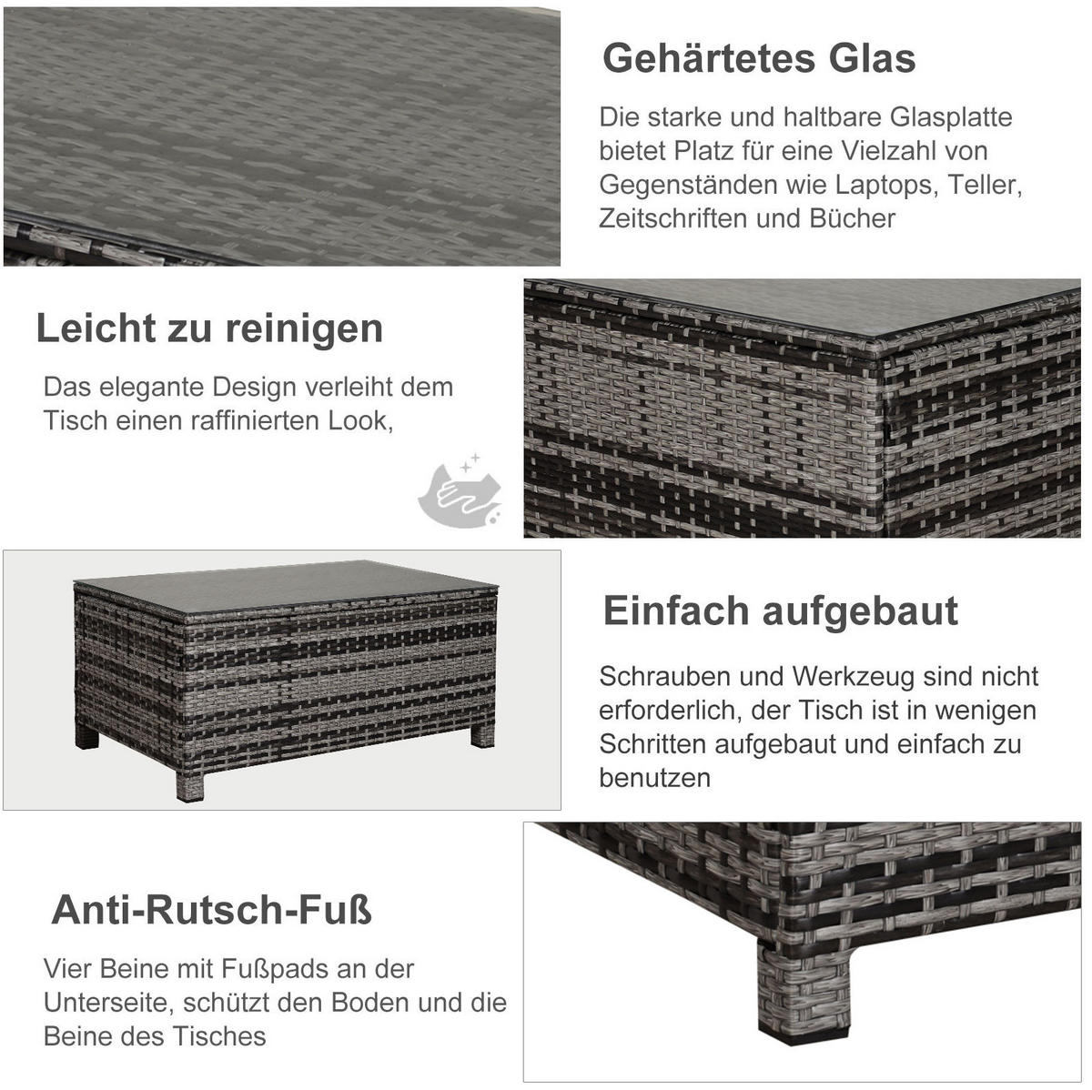 GARTENTISCH 85/50/39 cm grau aus Polyrattan mit Glasplatte - Grau, Kunststoff (85/50/39cm) - OKWISH