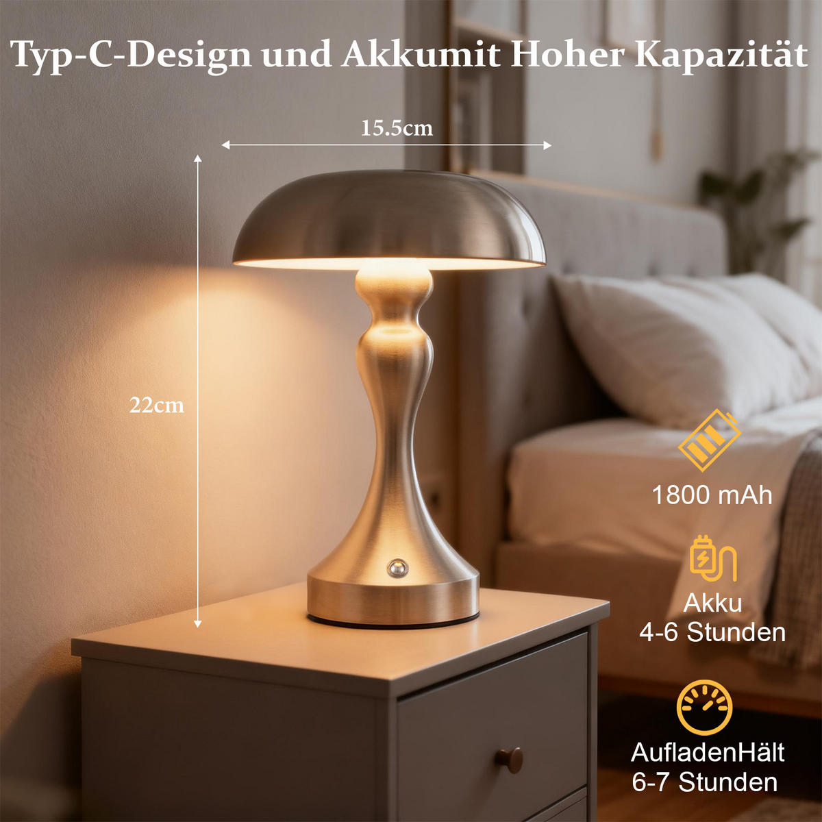 LED stolní lampa Achard 15,5/15,5/22 cm - stříbrná, kov (15.5/15.5/22cm) - Nettlife