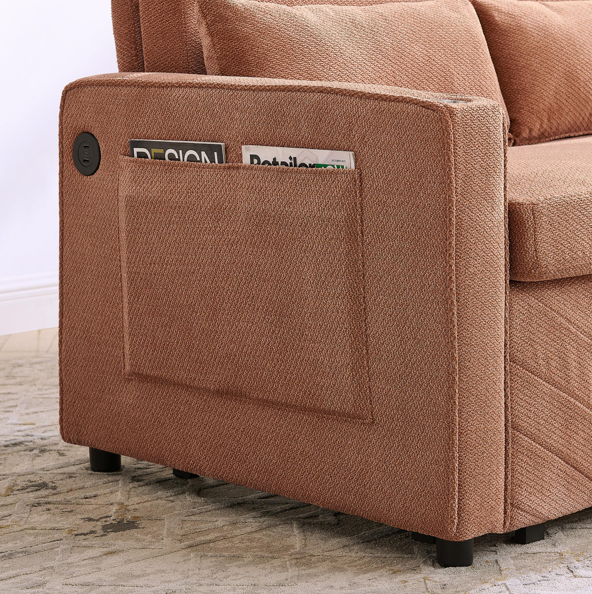 SCHLAFSOFA 3-in-1 mit USB-Ladeports Holz Stoff Orange - Orange, Holz (134/73/195cm) - Meubliv