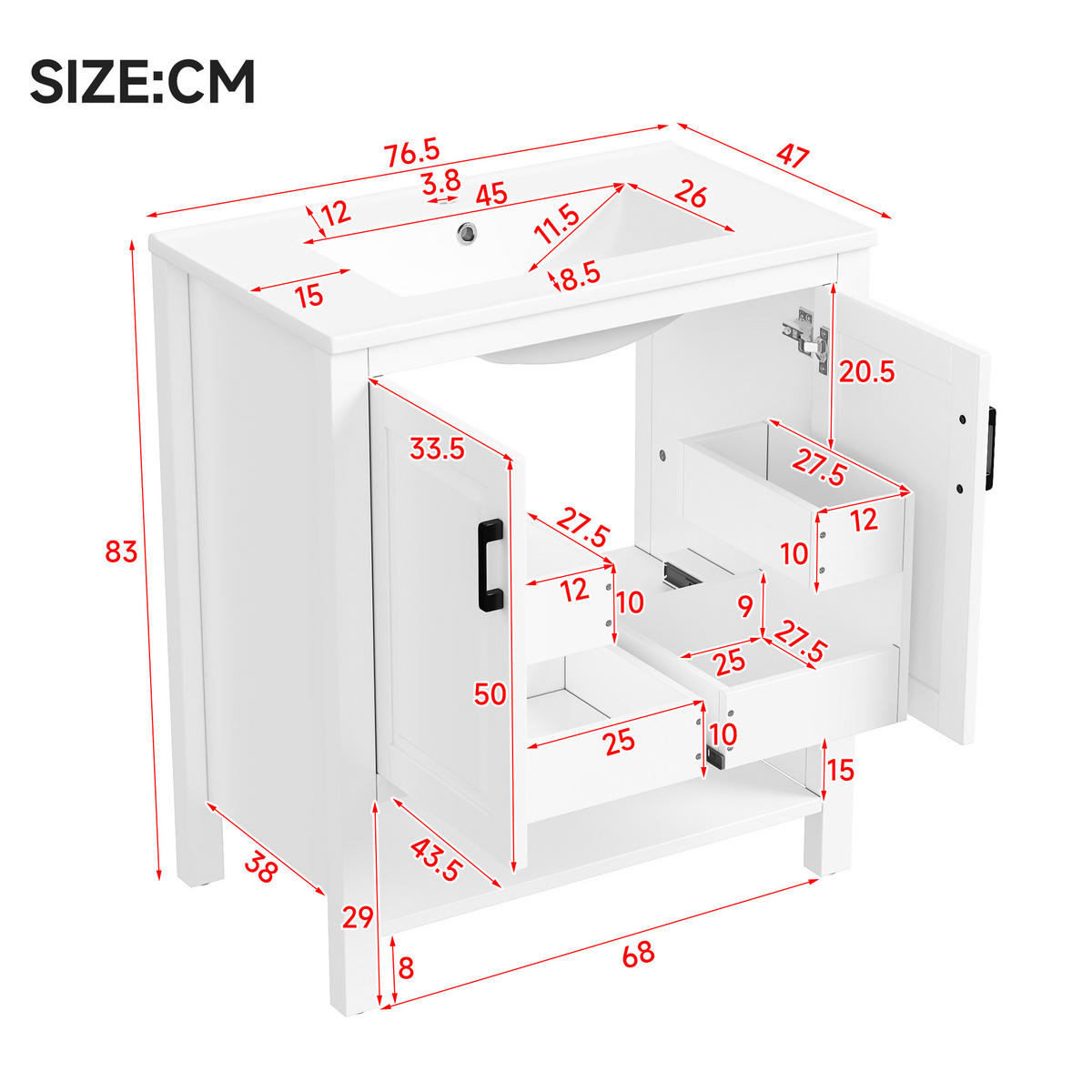 WASCHTISCH 76,5cm Keramikbecken Doppeltür & offene Regale Weiß - Weiß, Holzwerkstoff (76.5/83/47cm) - Urban Meuble