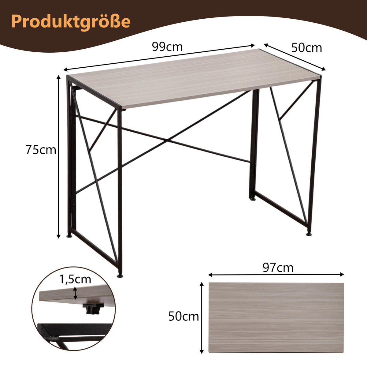 SCHREIBTISCH faltbar 99 x 50 x 75 cm MDF Metall Natur - Braun, Metall (99/50/75cm) - Meubliv