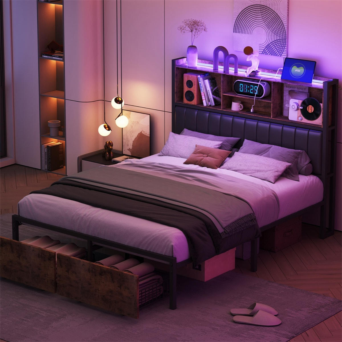 METALLBETT 160 x 200 cm mit 2 Schubladen - Kopfteil-Ablage mit LED-Beleuchtung und USB-Anschlüsse - Braun-Schwarz - Braun, Metall (160/200cm) - DELFA