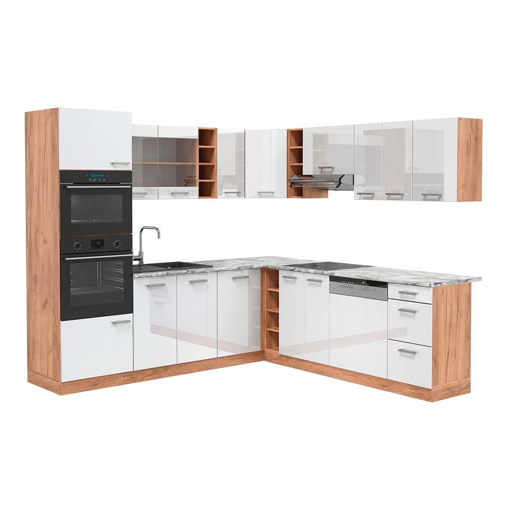KUHINJA U OBLIKU SLOVA L R-Line, Sjajna Bijela /Hrast zlatnog tona, 247 x 237 cm, RP Mramor - hrast medunac/bijela visoki sjaj, drvni materijal (247/206.8/60cm) - Vicco