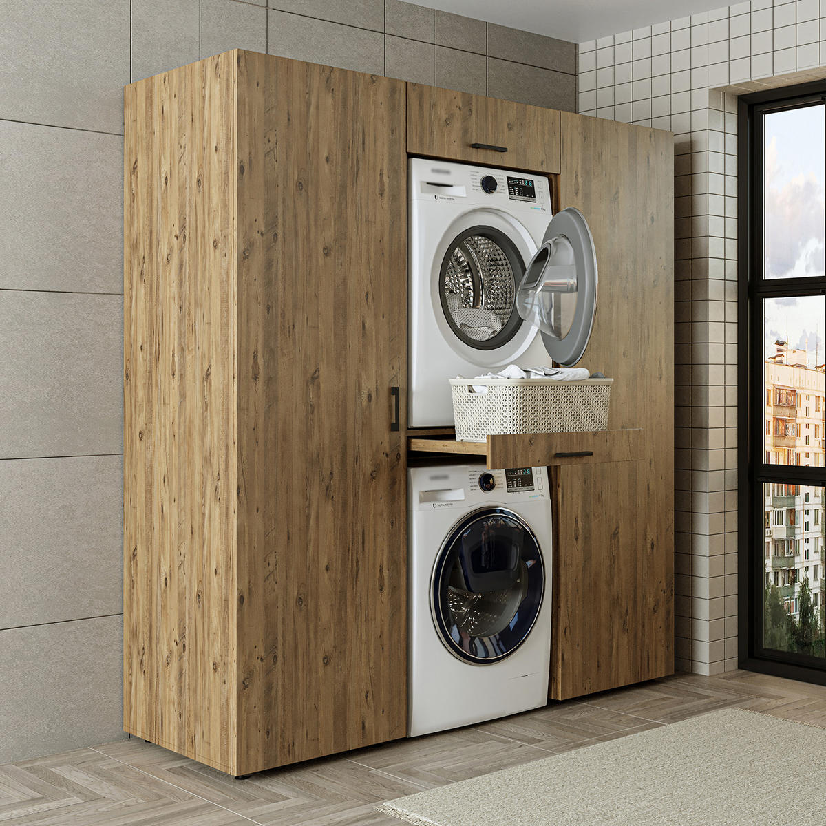 WASCHMASCHINENSCHRANK DUO-I 187cm Breit, 205cm Hoch - Eichefarben, Holzwerkstoff (187/205/67cm)