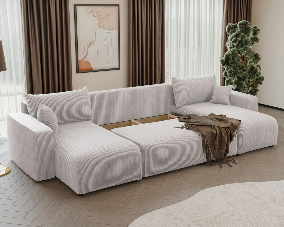 WOHNLANDSCHAFT Pianoni Hellbeige Cordbezug - Ecru/Schwarz, Kunststoff/Textil (312/83/140cm) - Selsey