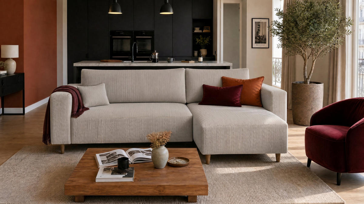 ECKSOFA mit Schlaffunktion und Bettkasten Rio, Ecksofa Cordstoff Hellgrau, Ottomane Universal, 249x142 cm - Hellgrau, Textil (249/142cm) - Marpur