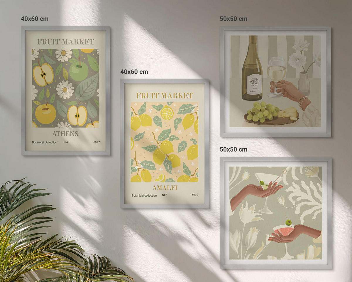 WANDBILDER 4er Set - 50x50 cm & 40x60 cm Silberner Rahmen - Fruchtige Muster italienischer Wein - Silberfarben, Kunststoff (50/50cm) - ArtPrintCave