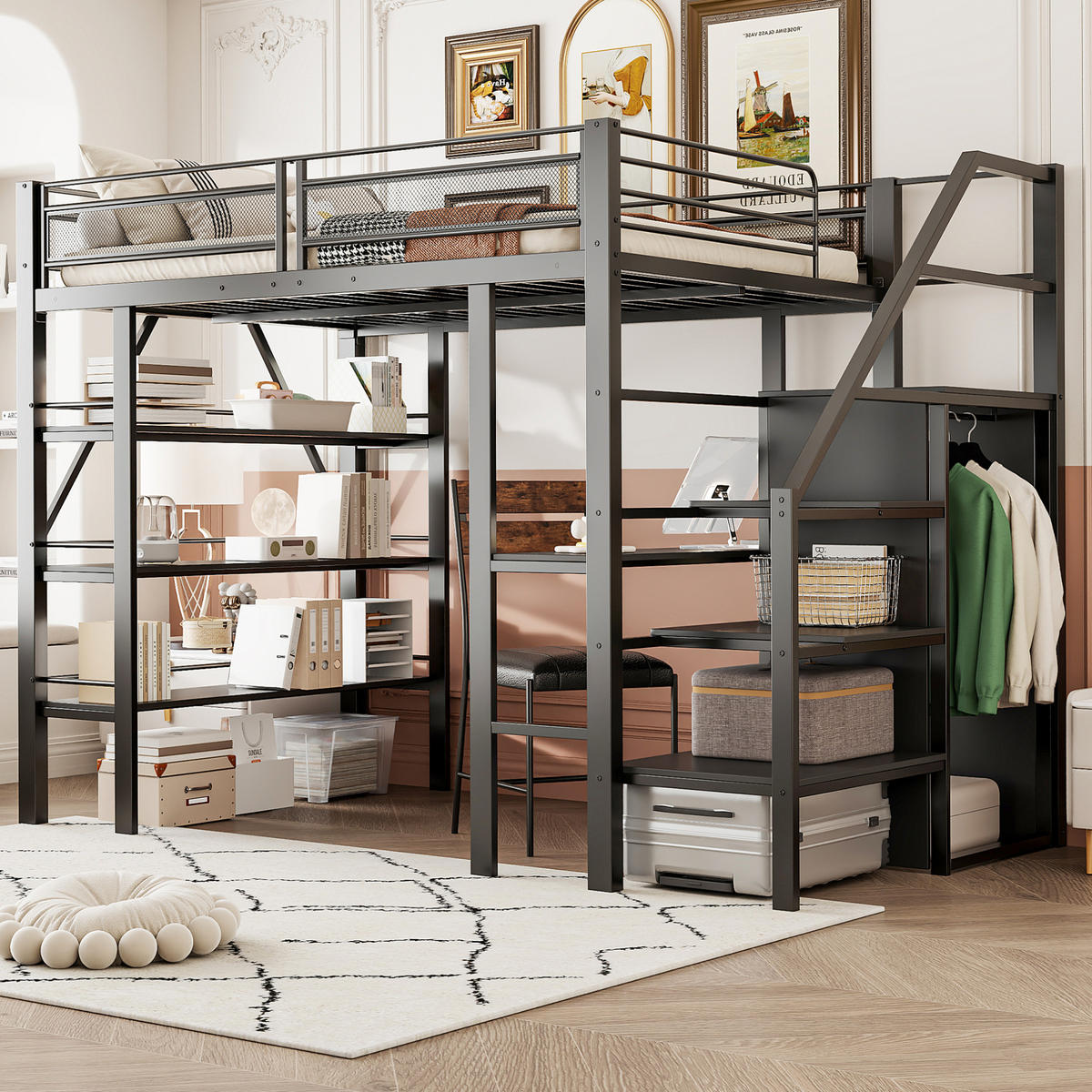 HOCHBETT 140/200 cm aus Metall mit Schreibtisch, Regal und Kleiderschrank Schwarz - Schwarz, Metall (140/200cm) - Modenvie