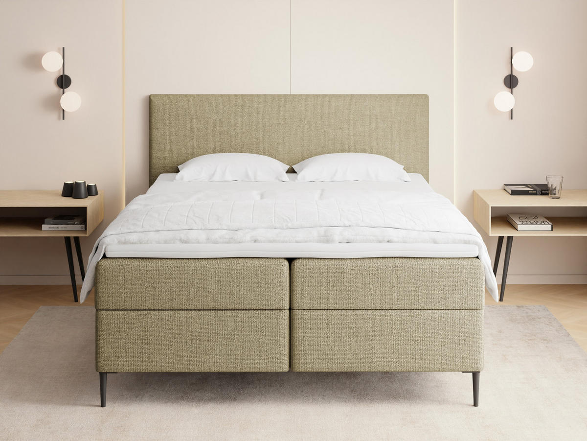 BOXBETT Alba Rise mit Bettkasten, Hell-Olivgrün Chenille 140x200 cm – inkl. H4 Taschenfederkern Matratze & Foam Topper - Schwarz/Olivgrün, Holz/Textil (140/200cm) - WFL GROUP