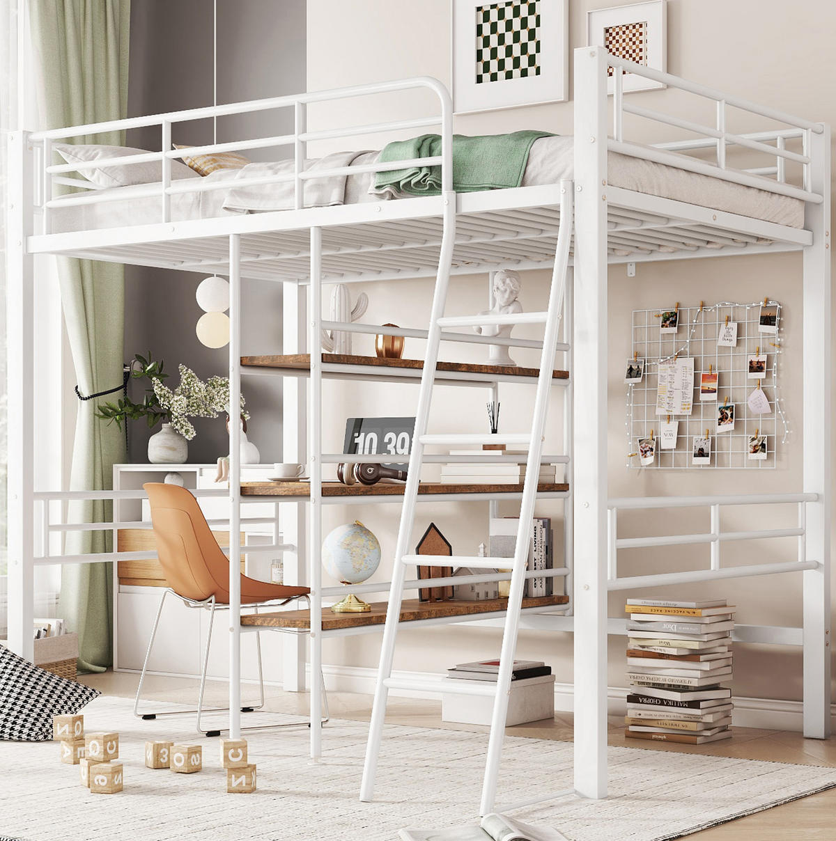 HOCHBETT 90/200 cm in Weiß – mit Schreibtisch, Regalen und Rausfallschutz - Weiß, Metall (90/200cm) - BEAOK
