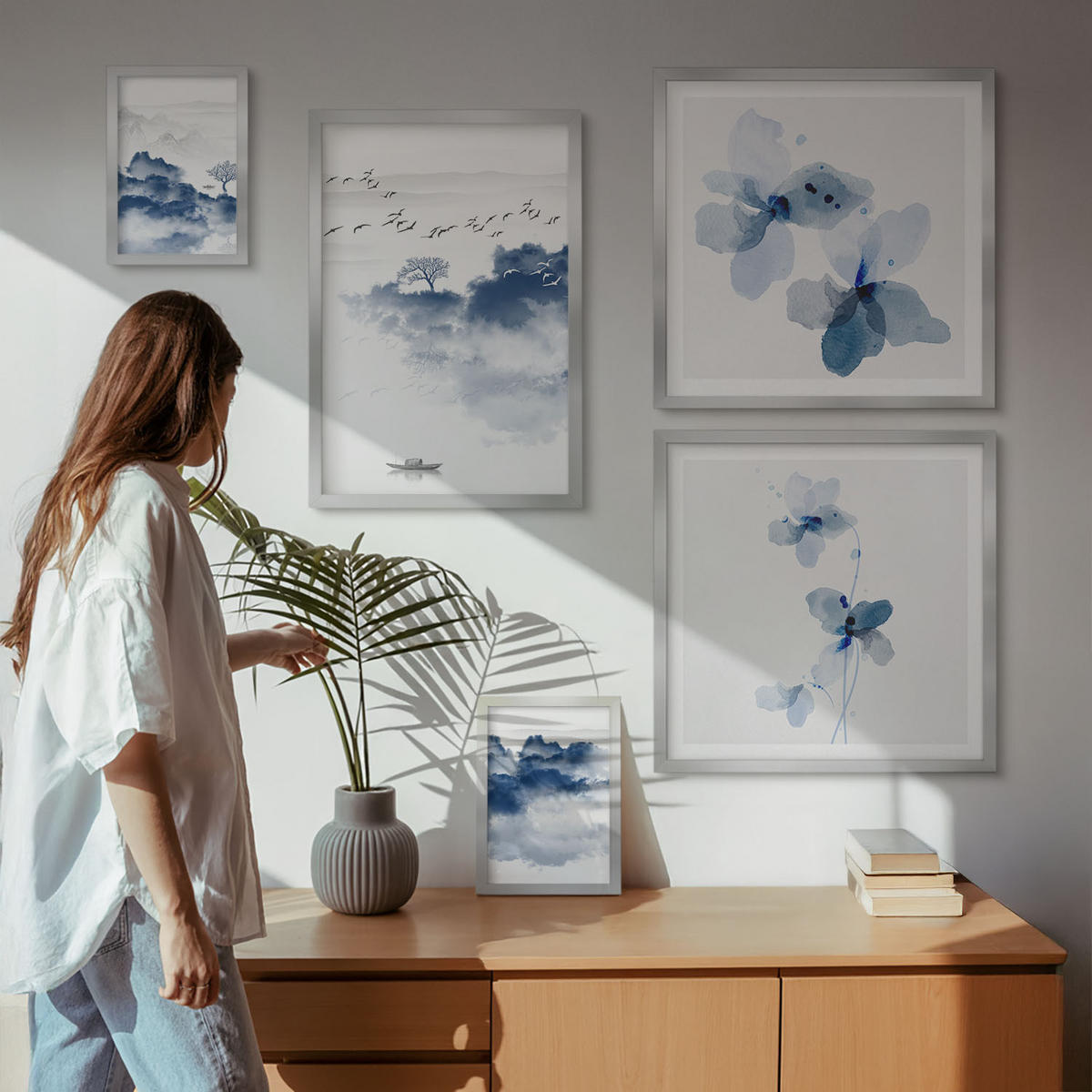 WANDBILDER 5er Set - 50x50 cm & 20x30 cm & 40x60 cm Silberner Rahmen - Berge, Wolken, Bäume, Vögel im Hintergrund - Silberfarben, Kunststoff (40/60cm) - ArtPrintCave