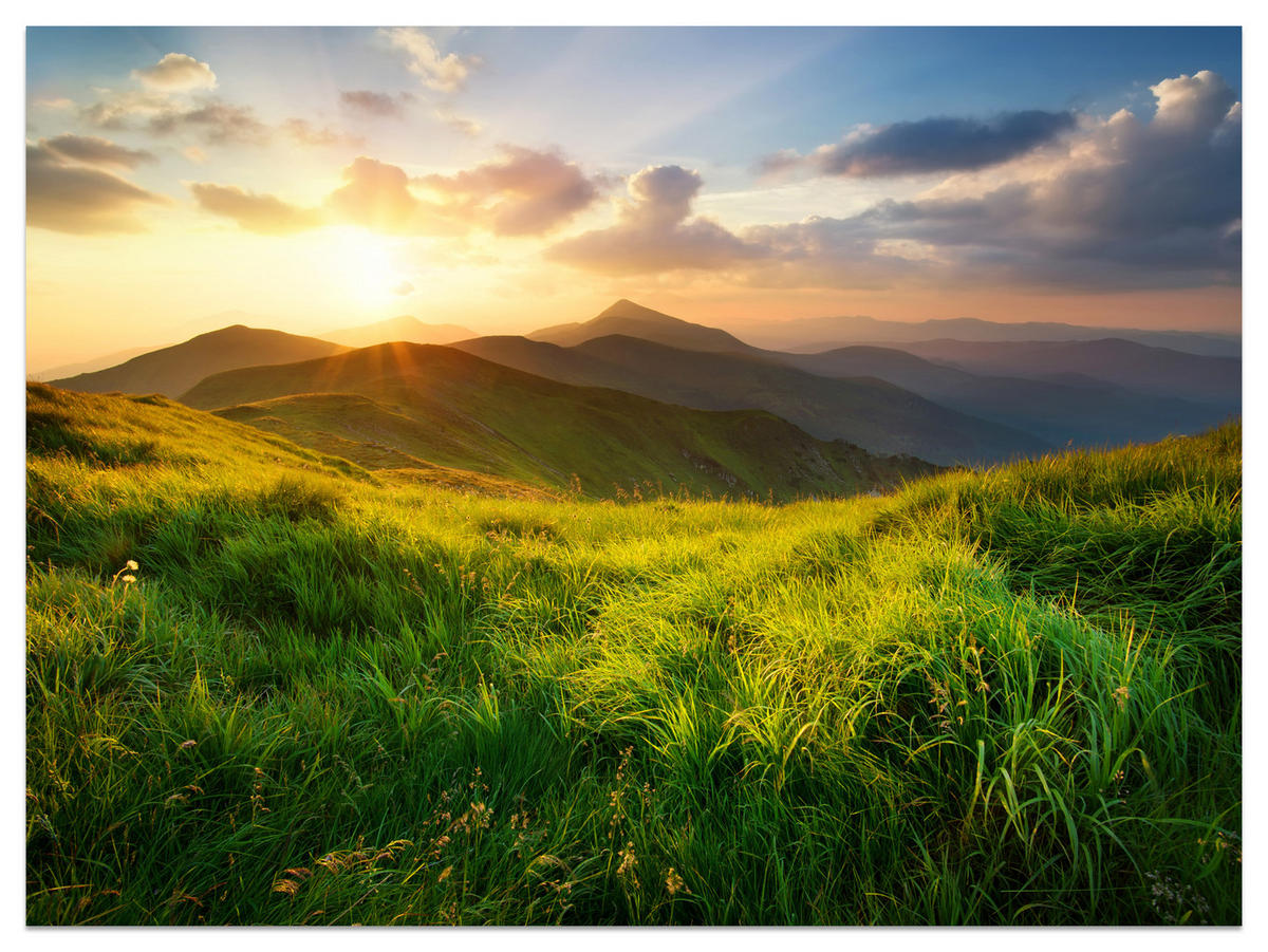 FOTOTAPETE für Wohnzimmer Sonnenuntergang Berge Wiese Gras 400x280 - Gelb/Beige, Papier (400/280cm) - Muralo