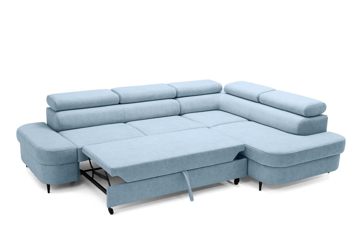 ECKSOFA PRIAM L Rechts mit Schlaffunktion 125x195 Velours Hellblau - Schwarz/Hellblau, Holz/Textil (203/275cm) - Muffo