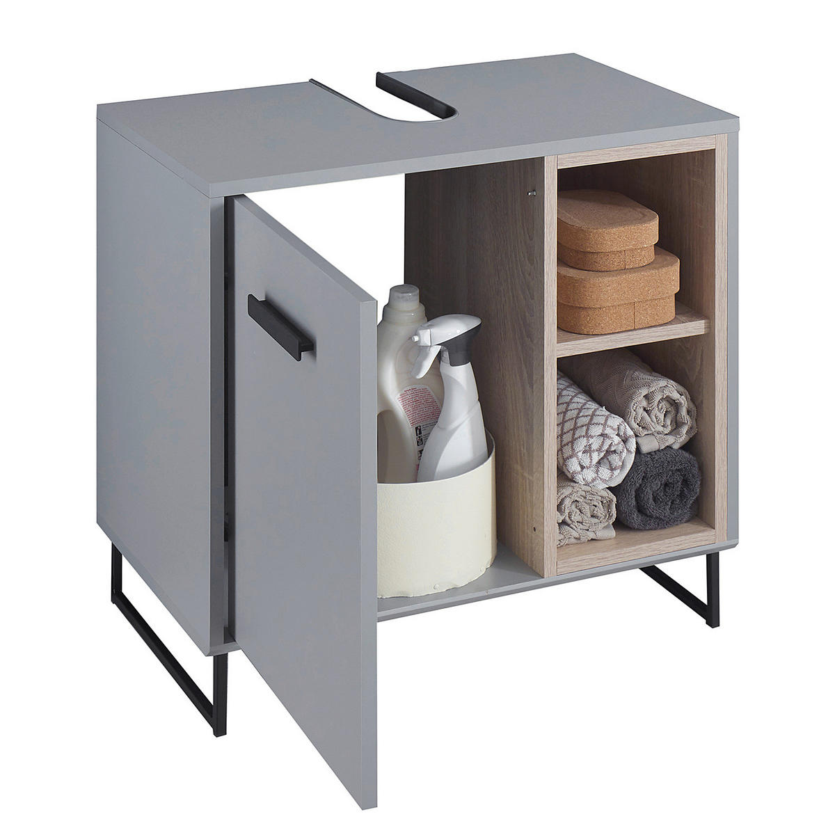 WASCHBECKENUNTERSCHRANK - Matt Grau / Eiche Sonoma Dekor - Grau, Holzwerkstoff (65/61/38cm) - home24