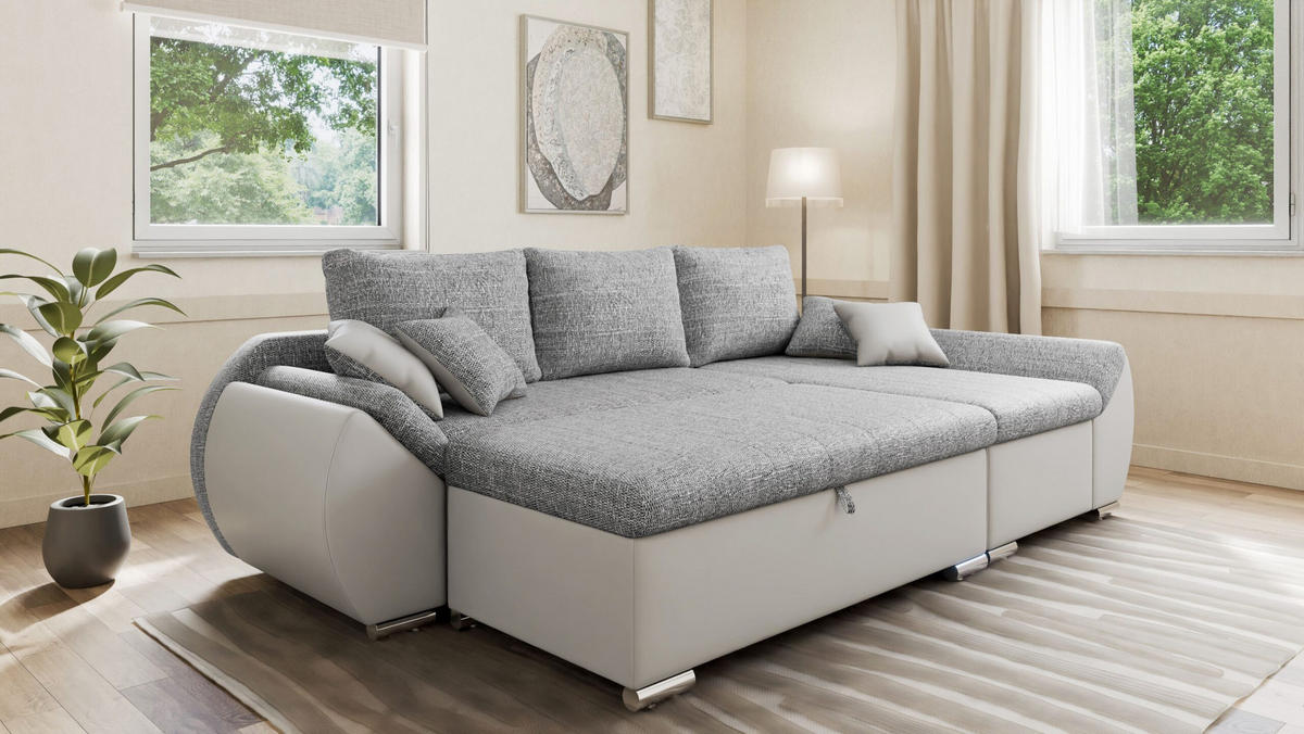 ECKSCHLAFSOFA ALEX – Grau + Weiß (Lawa 05 + Soft 17) + Hocker - Rechts - Weiß, Holzwerkstoff/Metall (275/155cm) - Möblo